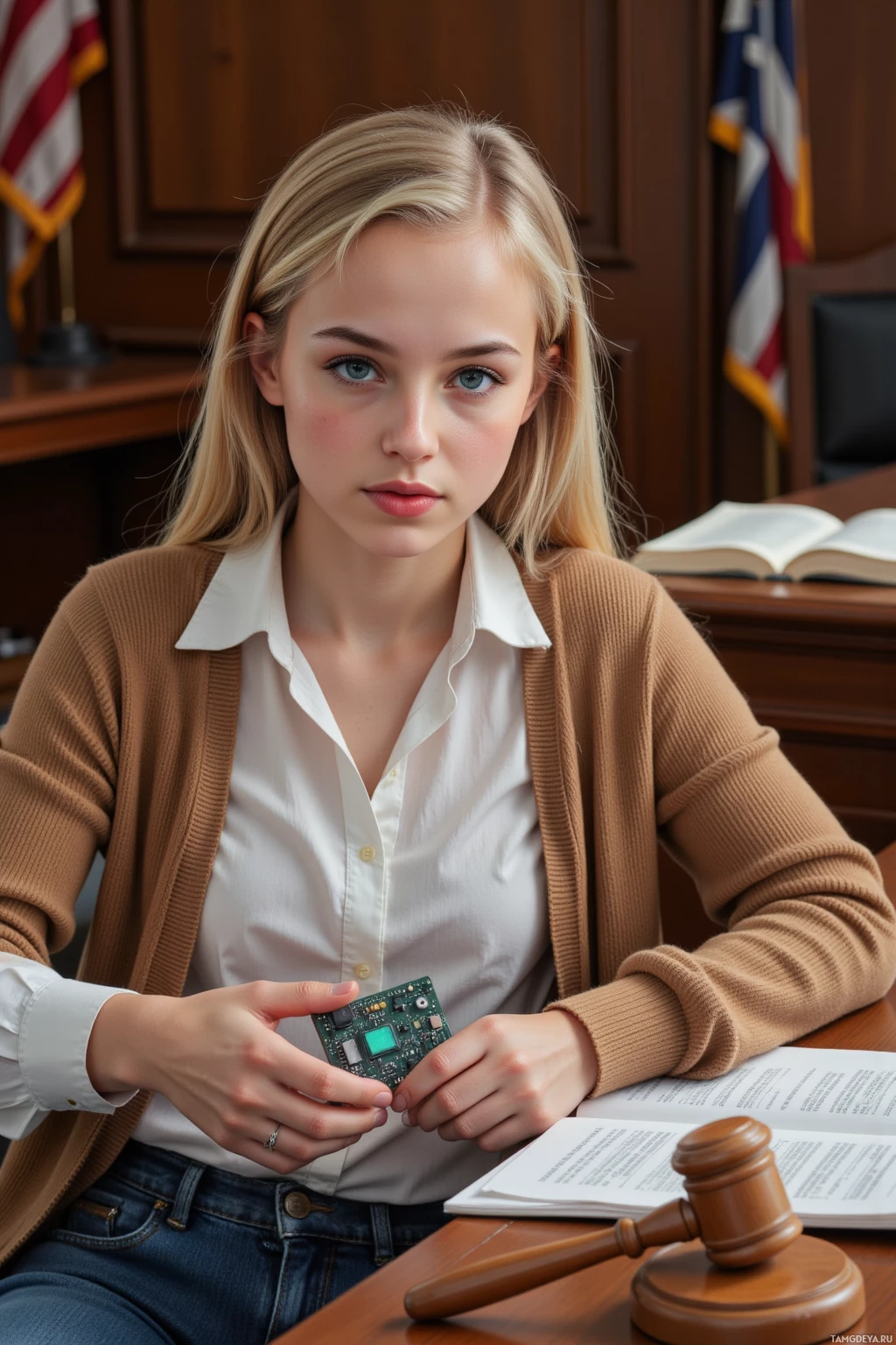 Realistic high quality photo. 22-year-old woman with long blonde hair tied back, bright blue eyes, fair glowing skin, wearing a white blouse, dark blue jeans, and a simple brown cardigan, sits at a courthouse desk in a bright morning courtroom under a spotlight, holding a legal brief and a schematic of a circuit board, with a small robot and a judge's gavel nearby, surrounded by open law books, reflecting her driven optimism and cautious skepticism about AI.
