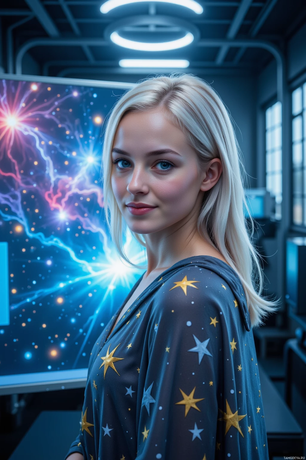 Realistic high quality photo. Woman, 30, shoulder‑length silver hair, calm blue eyes, radiant skin, wearing a star‑patterned robe that flows like a celestial cloak, standing in a dimly lit futuristic laboratory where a VR holographic nebula ripples across a translucent screen, a sudden glitch erupts bright colors across the interface as she smiles lightly, auroras illuminating the display, night time.