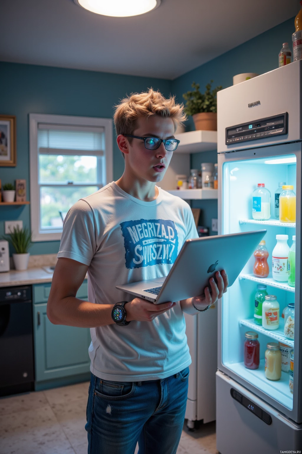 Realistic high quality photo. 14‑year‑old male coder with messy blonde hair and round glasses, wearing a graphic t‑shirt and jeans, stands in a bright modern kitchen beside a fridge, holding a laptop, his smartwatch glowing on his wrist as he shouts at the fridge while glitchy beep.
