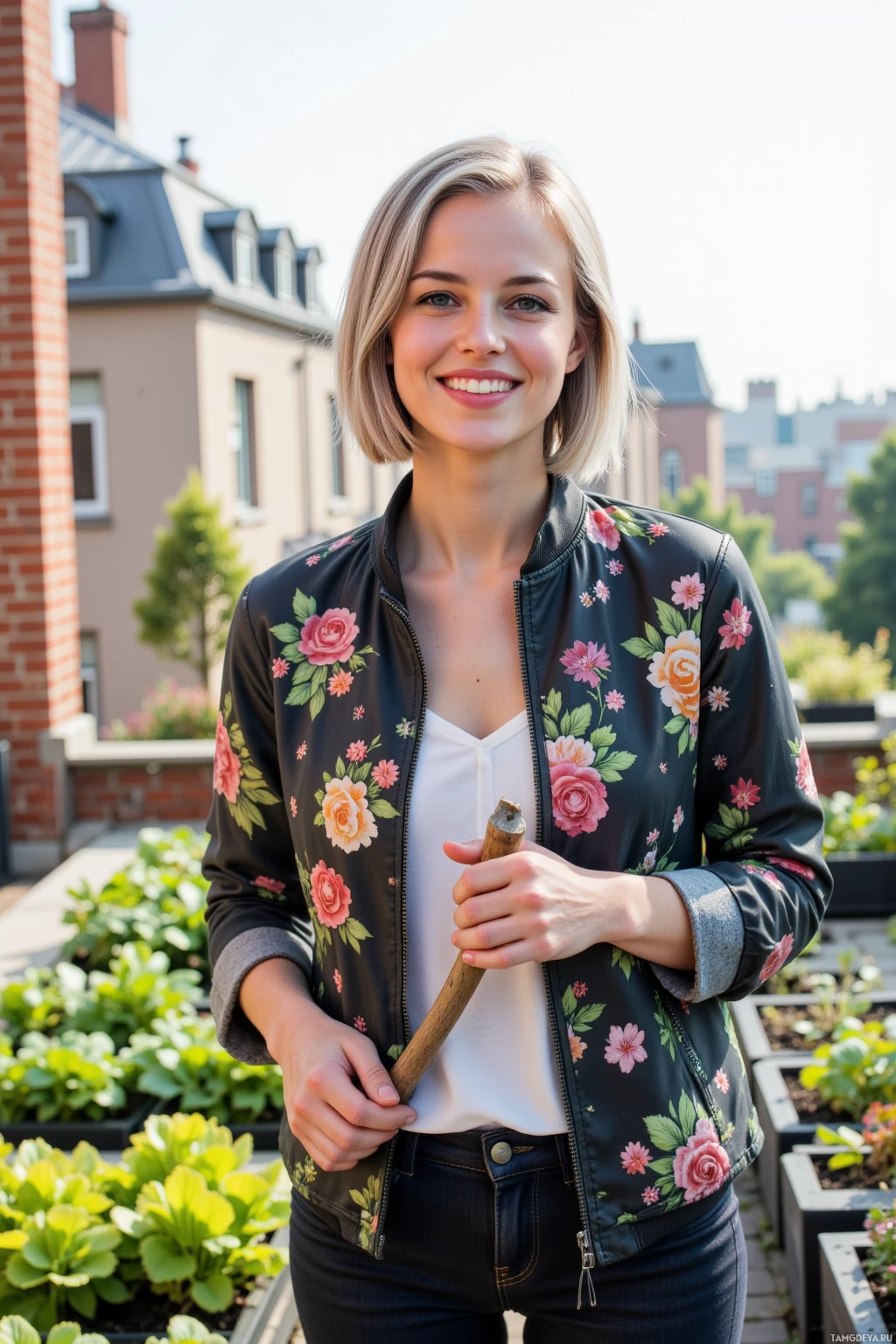 Realistic high quality photo. A woman in her mid-thirties with sleek steel‑gray bobbed hair, blue eyes, pale skin, wearing a floral‑patterned jacket over a white blouse, dark jeans, and ankle boots, stands on a vibrant rooftop balcony garden full of lettuce and seedlings, she holds a gardening trowel, smiling at the late afternoon light.