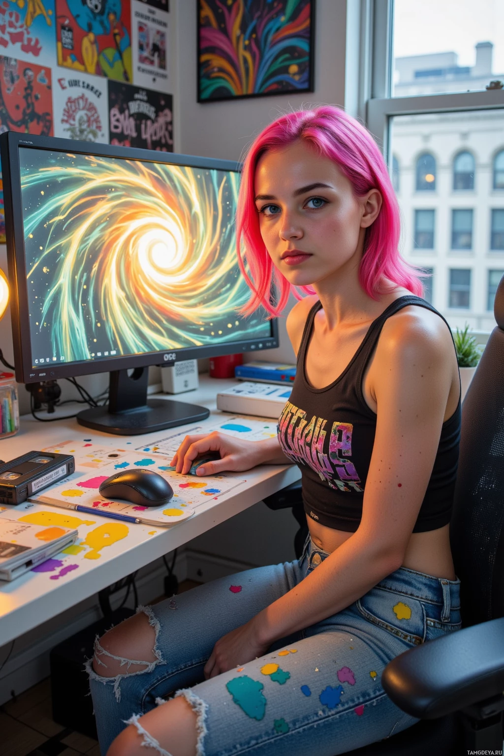 Realistic high quality photo. 27-year-old woman with bright pink hair, blue eyes, wearing a graphic crop top and paint‑splattered jeans, sits at a desk with a monitor displaying a chaotic bright glowing spiral, surrounded by scattered digital files labeled “Too Weird To Post,” a VHS tape looping an urban panorama in the background, early morning light filtering through the window, focused yet slightly amused expression.