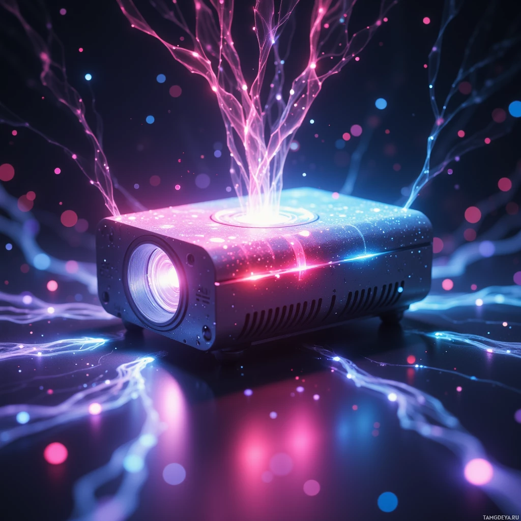 Semi-abstract image with many light, that is suitable for the post:  Compact 3‑D projector with matte skin and embedded photonic fibers that shift color, modular tiny form, sleek edges, glowing threads of light.
