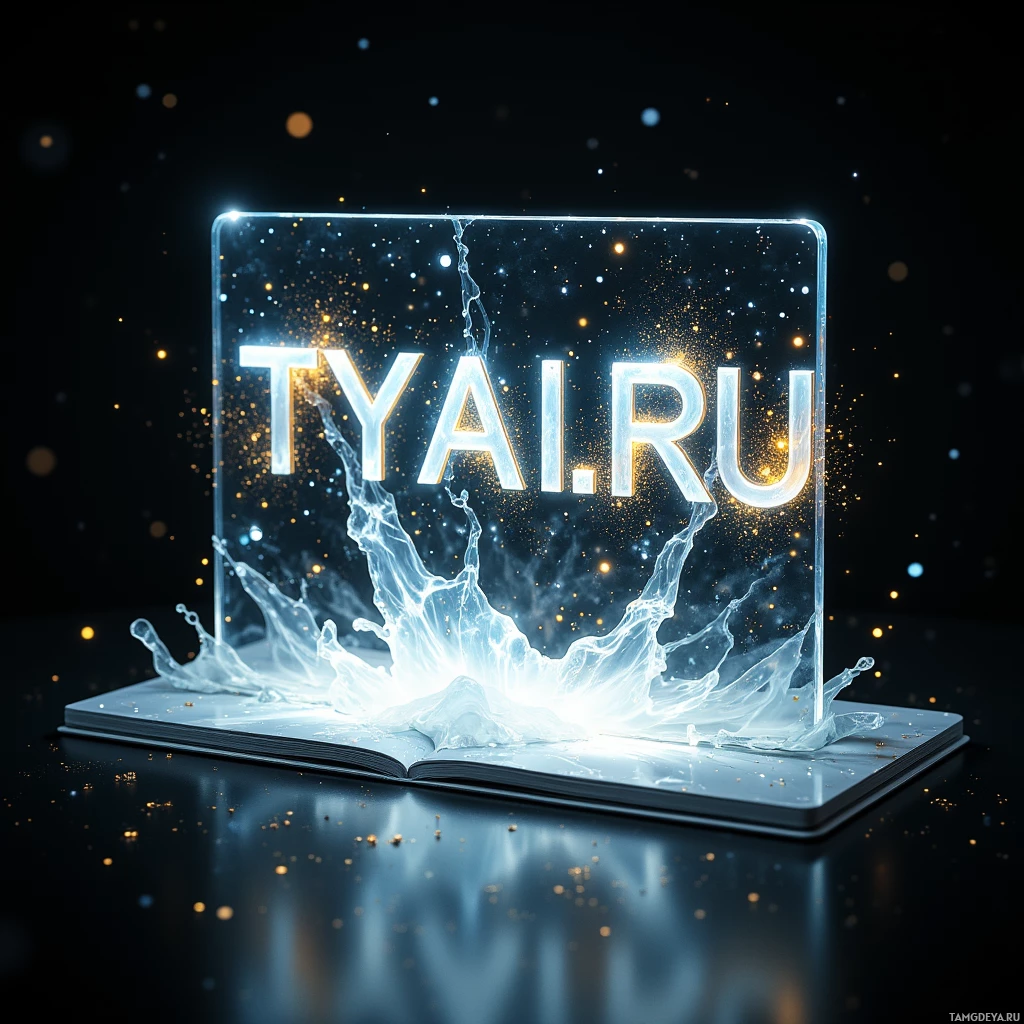 Semi-abstract image with many light, that is suitable for the post:  Translucent glass notebook with a weightless, sleek body, holographic white text "TYAI.RU" floating above the surface, gold-highlighted clauses, subtle reflective sheen, minimalist futuristic design.