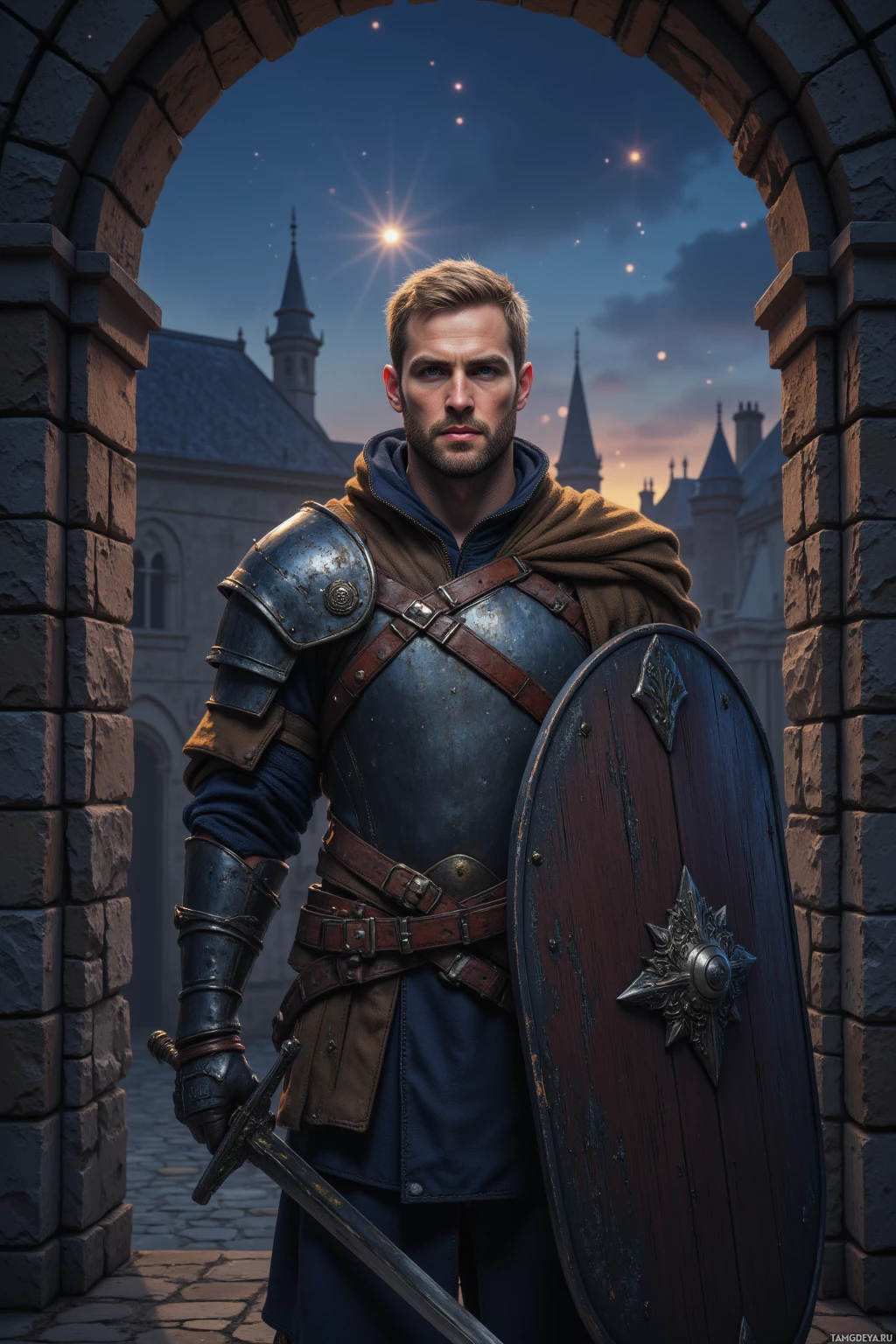 Realistic high quality photo. A muscular 33‑year‑old man with short blonde hair, striking blue eyes, fair skin, wearing weathered leather armor, holding a shield low and sword drawn, standing guard at a stone courtyard gate at dusk, eyes sharp as the first stars appear in the twilight sky.