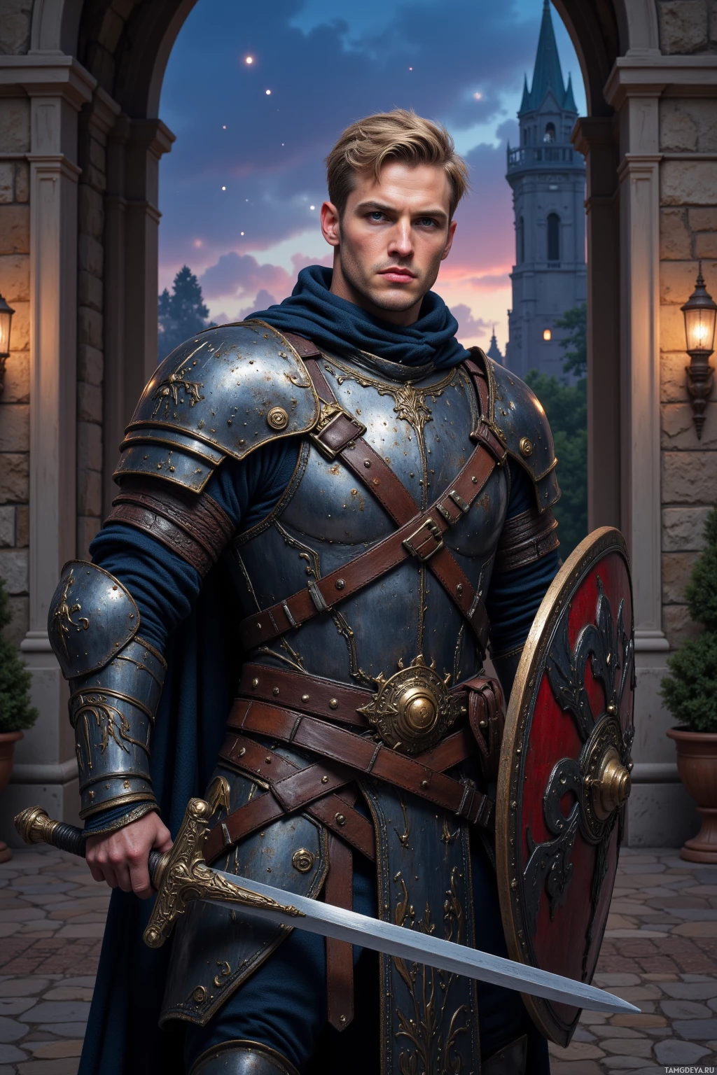 Realistic high quality photo. A muscular 33‑year‑old man with short blonde hair, striking blue eyes, fair skin, wearing weathered leather armor, holding a shield low and sword drawn, standing guard at a stone courtyard gate at dusk, eyes sharp as the first stars appear in the twilight sky.