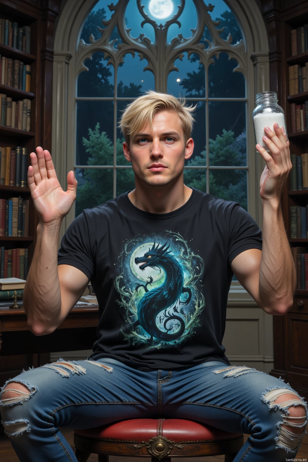 Realistic high quality photo. A quirky fantasy author, male, 30, short light blonde hair, bright blue‑green eyes, wearing a relaxed graphic tee with dragon art and casual jeans, sits at a wooden desk in a moonlit library, juggling a broken sundial and a jar of moon dust, exuding playful impatience.