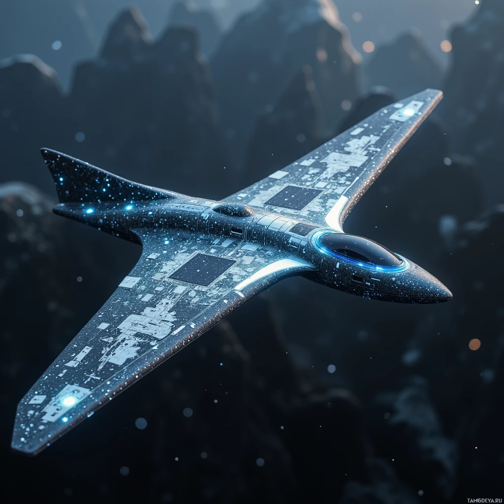 Semi-abstract image with many light, that is suitable for the post:  A hand‑crafted carbon‑fiber folding glider with smooth lattice wings of integrated solar cells and lightweight alloy, revealing a subtle HUD overlay of topographic maps, with faintly glowing sensor panels on the wings, all rendered in sleek, matte finish.