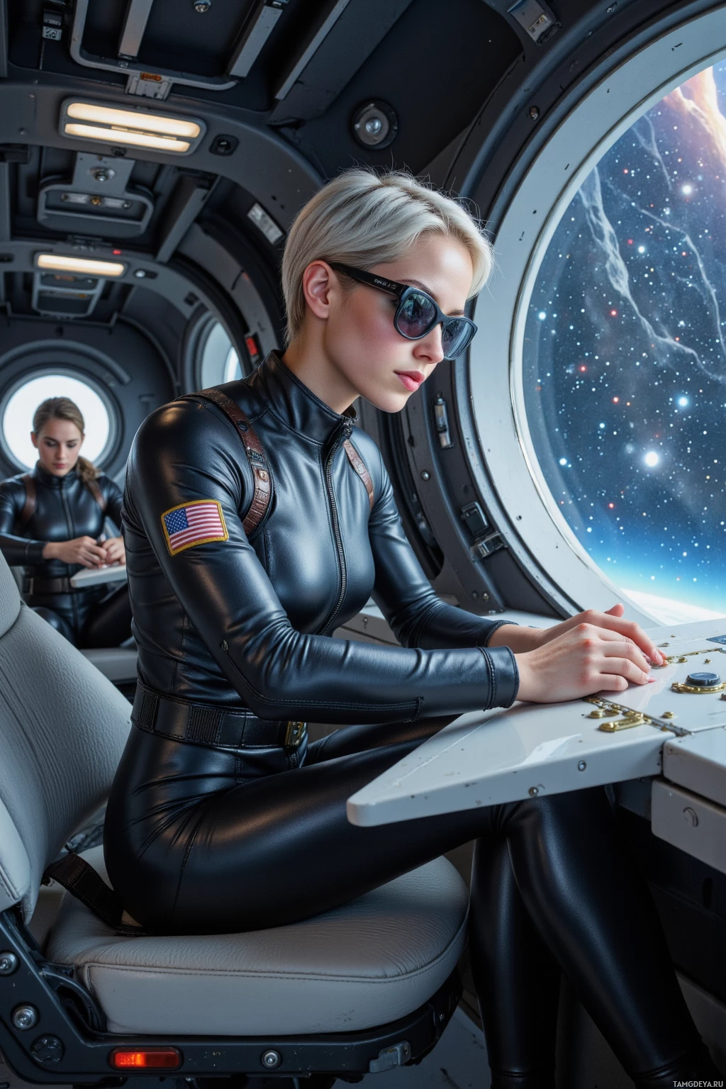 Realistic high quality photo. A 23‑year‑old slender woman with short silver hair, piercing blue eyes, wearing a sleek form‑fitting flight suit and aviator sunglasses, tightening rivets on the left wing of a sleek starship inside a gravity tunnel, with a bright asteroid belt streaking outside the cockpit windows, laser‑precision autopilot display glowing.