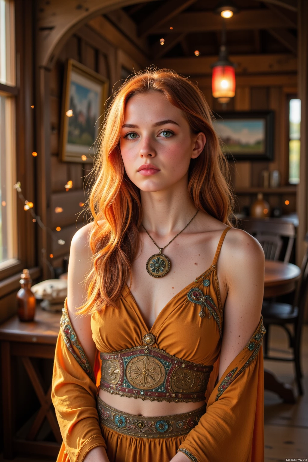 Realistic high quality photo. A 26‑year‑old woman with fiery red wavy hair, bright green eyes, warm golden skin, wearing flowing earth‑tone bohemian fabrics and a delicate wooden pendant, standing in a rustic wooden room at midday, juggling a lute whose strings flare like a circus act, golden sunlight bathing the scene in a vibrant, whimsical mood.