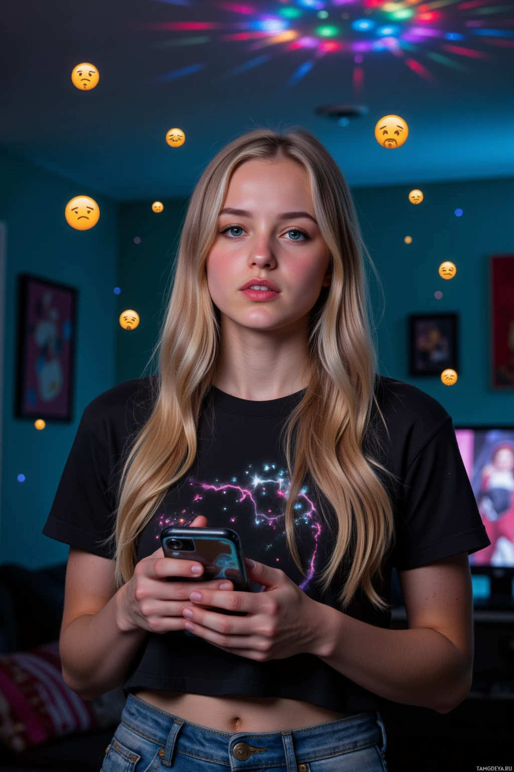 Realistic high quality photo. A 23-year-old woman with long blonde hair, bright blue eyes, pale glowing skin, wearing jeans and a graphic tee, standing in a dark apartment illuminated by a spinning disco light, broadcasting on her phone with floating emoji icons around her, energetic yet slightly self‑doubting, late night.