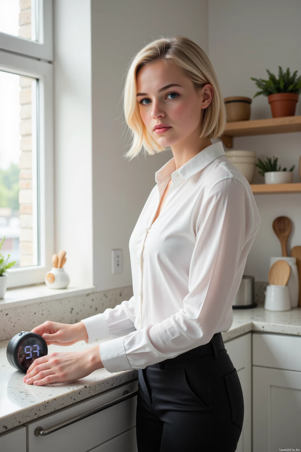 Realistic high quality photo. A 28‑year‑old woman with short light blonde hair, bright blue eyes, pale skin, wearing a white blouse and black trousers, standing in a modern kitchen with a snack drawer, setting a digital 5‑minute timer on the counter, midday light streaming in, showing her pragmatic efficiency and mild impatience.
