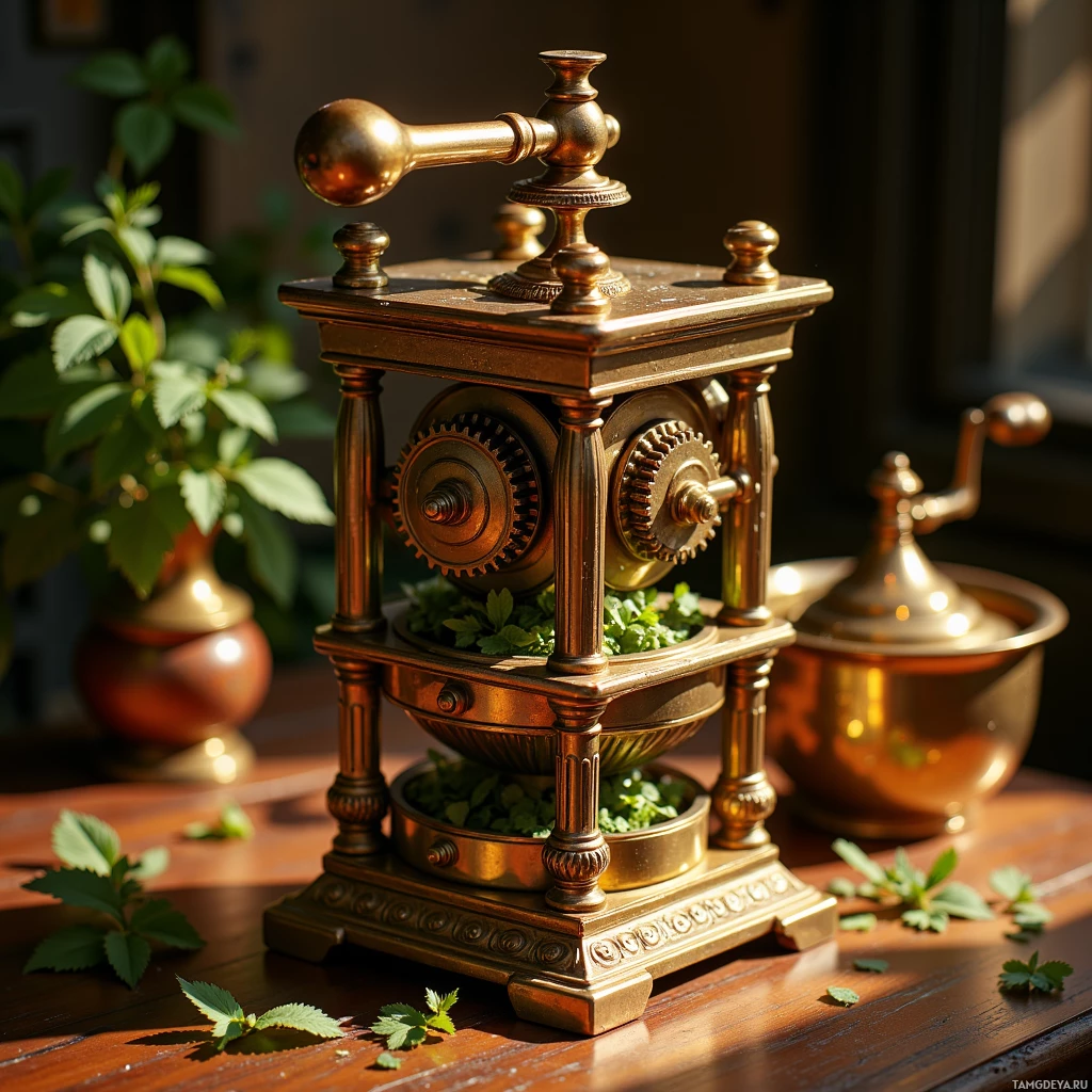 Semi-abstract image with many light, that is suitable for the post:  Handcrafted brass herb press, small heavy brass gears, a gleaming copper-glinting surface, and a polished brass body.