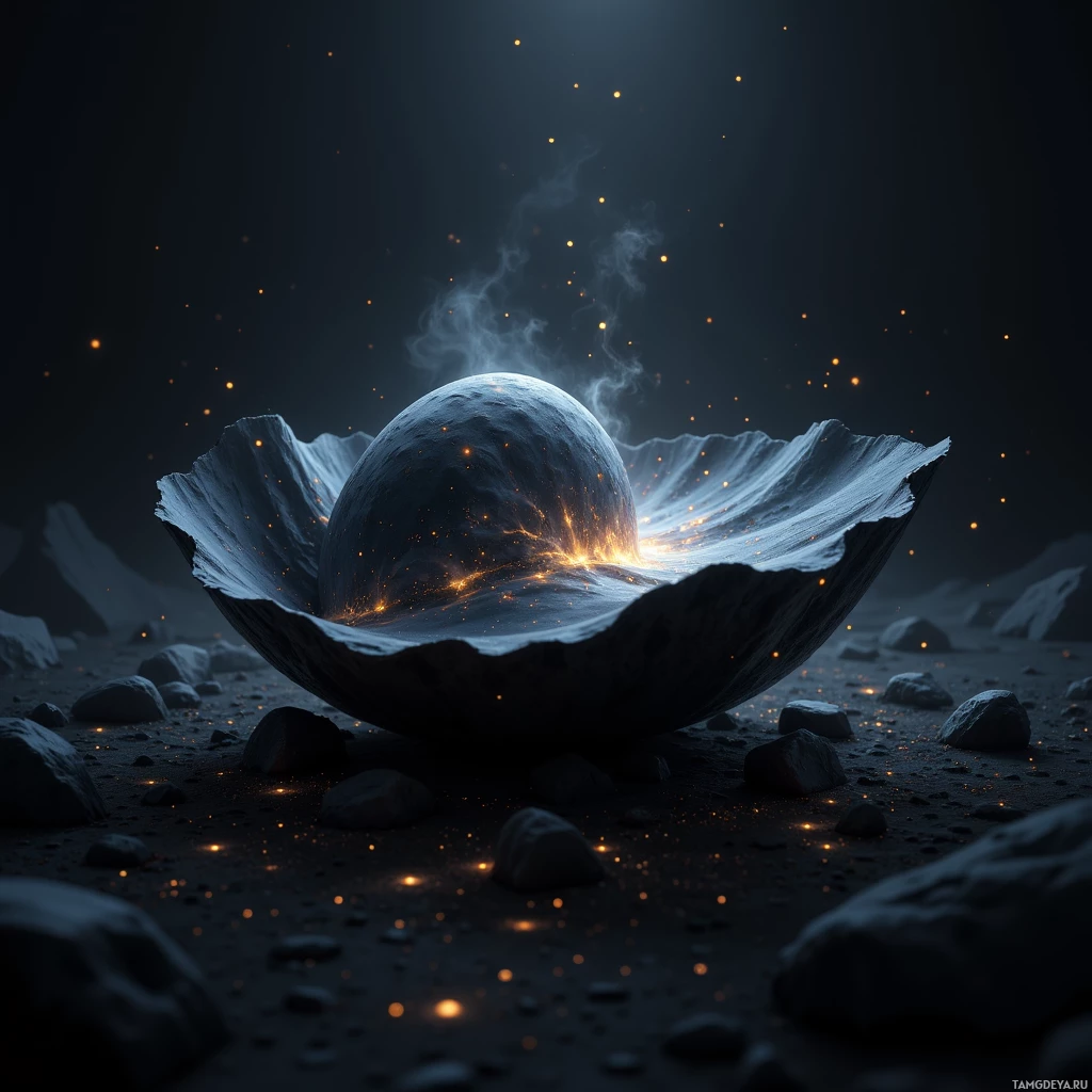 Semi-abstract image with many light, that is suitable for the post:  tiny matte black seamless shell, skin‑like texture, smooth edges, subtle iridescent sheen, faint cold mist swirling, low‑frequency vibration lines radiating, light‑bending surface, faint chill aura.