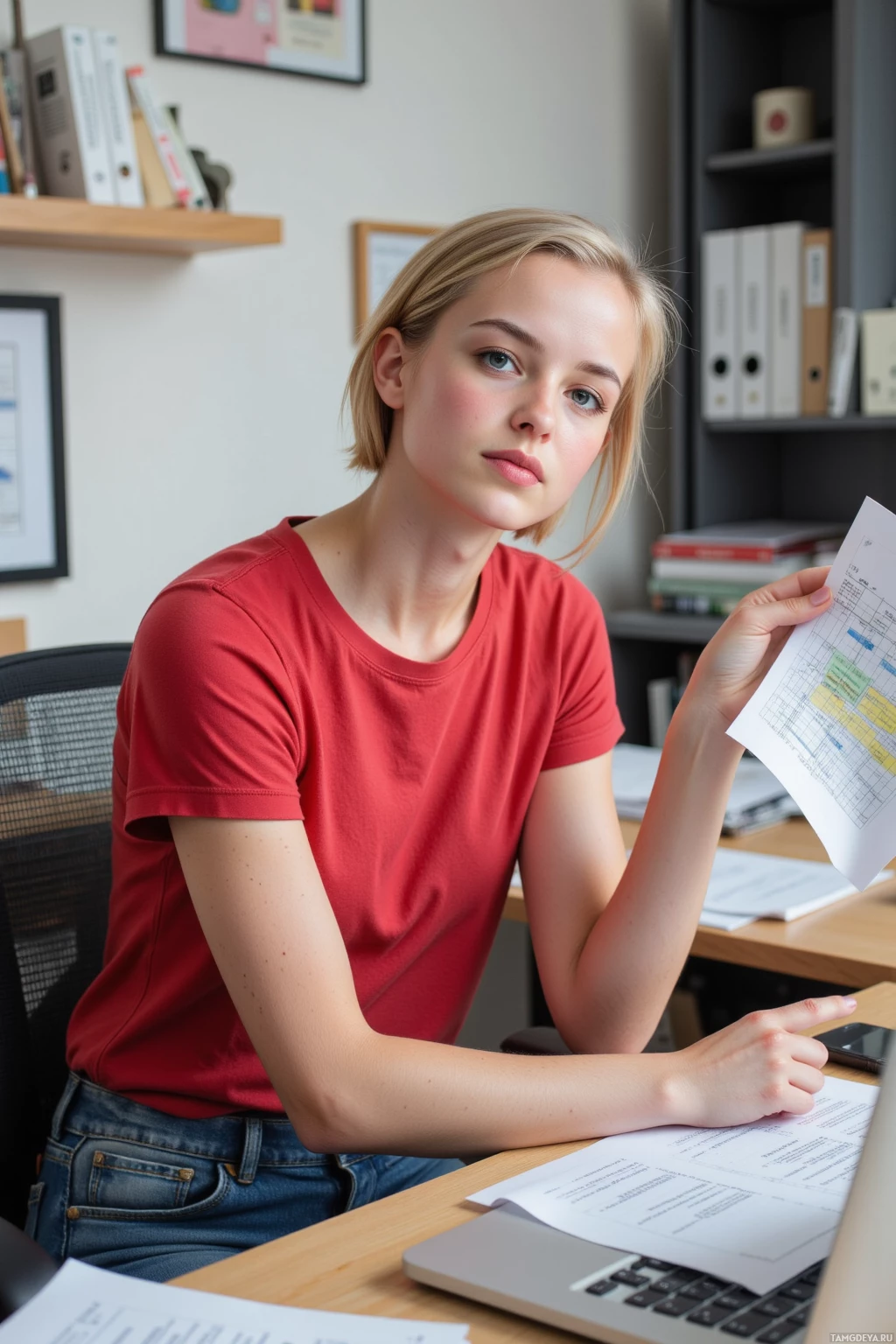 Realistic high quality photo. Woman, 22, short blonde hair, blue eyes, wearing a red t‑shirt and relaxed jeans, sits at a cluttered desk in a modern home office, laptop open to a spreadsheet, tossing printed drafts into a pile, embodying playful chaotic creativity.