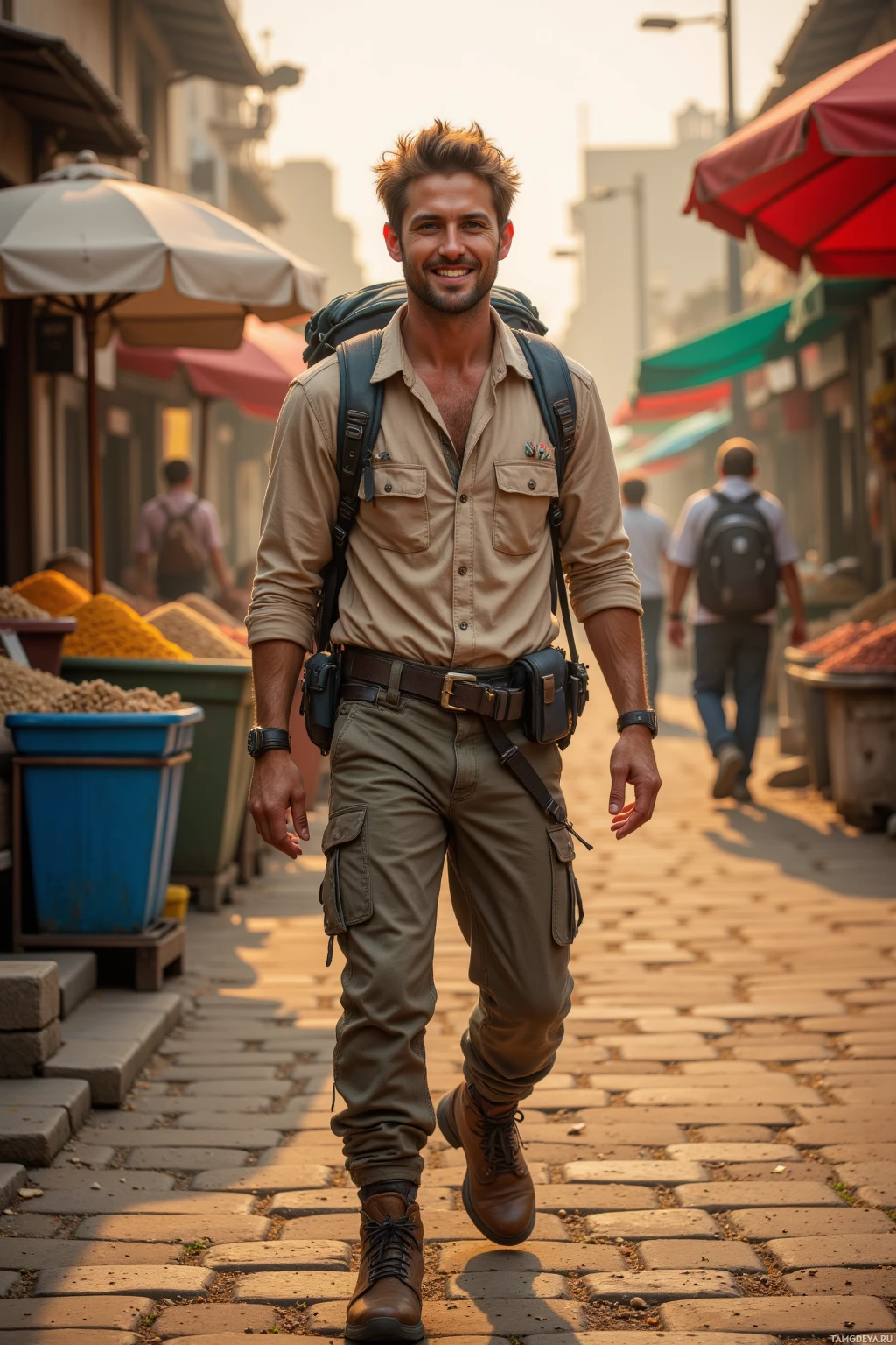 Realistic high quality photo. A 29‑year‑old man with tousled light brown hair, bright blue eyes, and fair skin, wearing a beige shirt, rugged pants, sturdy hiking boots, a backpack, walking through street market at dawn, with vendors selling cumin, his grin bright.