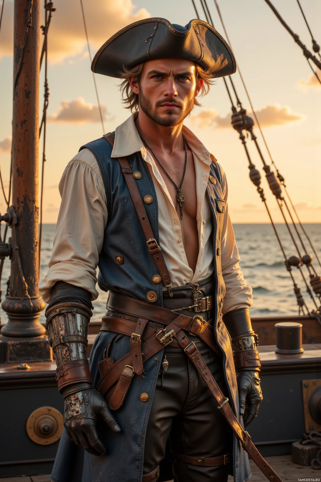 Realistic high quality photo. Rugged 29‑year‑old sea captain with sun‑kissed blonde hair, piercing blue eyes, fair skin, wearing a loose white shirt, long weathered coat open to reveal his chest, breeches, slightly askew tricorn hat, and an intricately designed mechanical arm, standing on a sunburnt ship deck at sunrise.