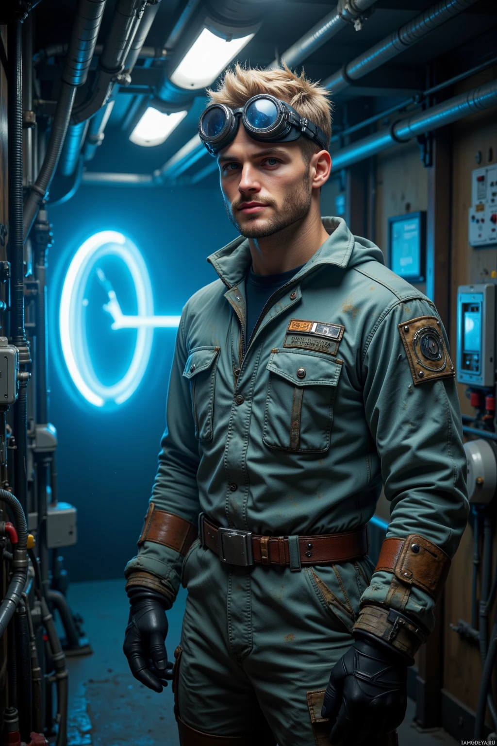 Realistic high quality photo. Male, 27, short blonde hair, blue eyes, pale skin, angular jaw, wearing a worn utilitarian jumpsuit with pockets and industrial welding goggles, standing in a dim reactor core with pulsing blue glow, grinning at a sudden voltage flash among cables and control panels, calm and pragmatic.