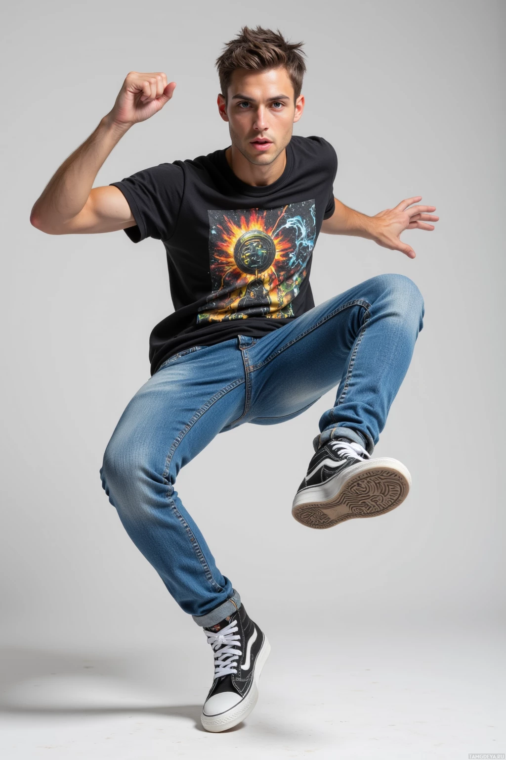 Realistic high quality photo. 25‑year‑old man with short spiky brown hair, pale skin, vibrant blue eyes, wearing a black graphic tee, denim jeans, white‑black sneakers, mid‑air double kick‑flip, dynamic hip‑hop energy.