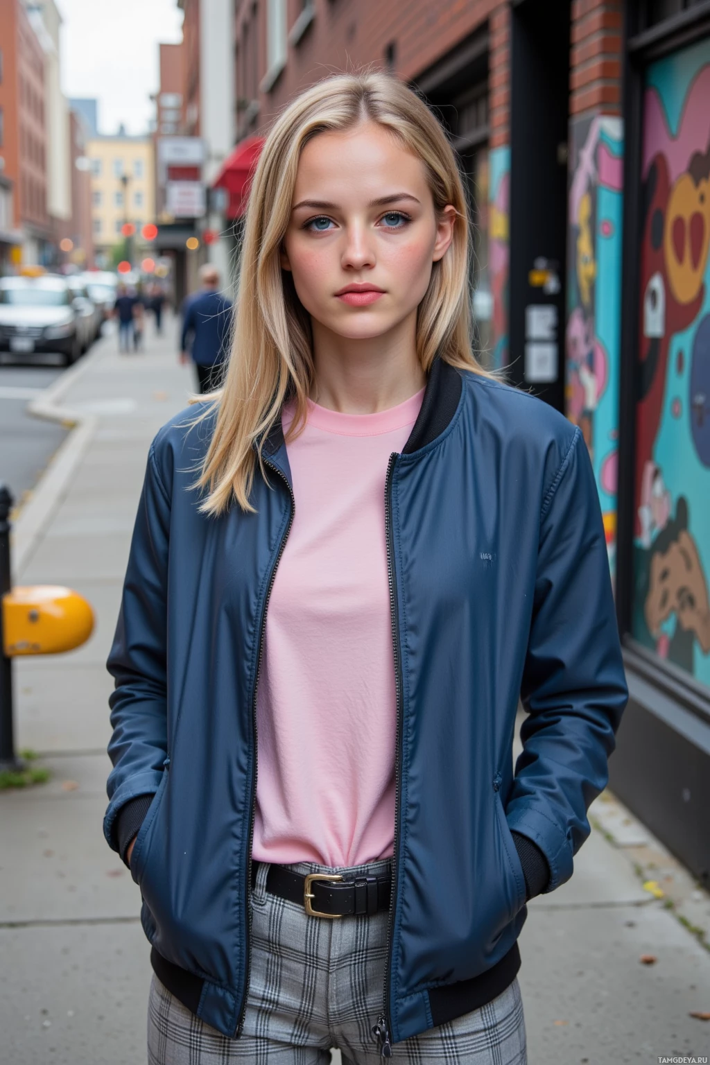 Realistic high quality photo. 31‑year‑old woman with blonde hair in a loose ponytail, blue eyes, wearing a blue jacket over a pink t‑shirt and plaid pants, standing on a cracked curb beside a taxi bumper, with a faded street art mural behind them, daytime urban alley.