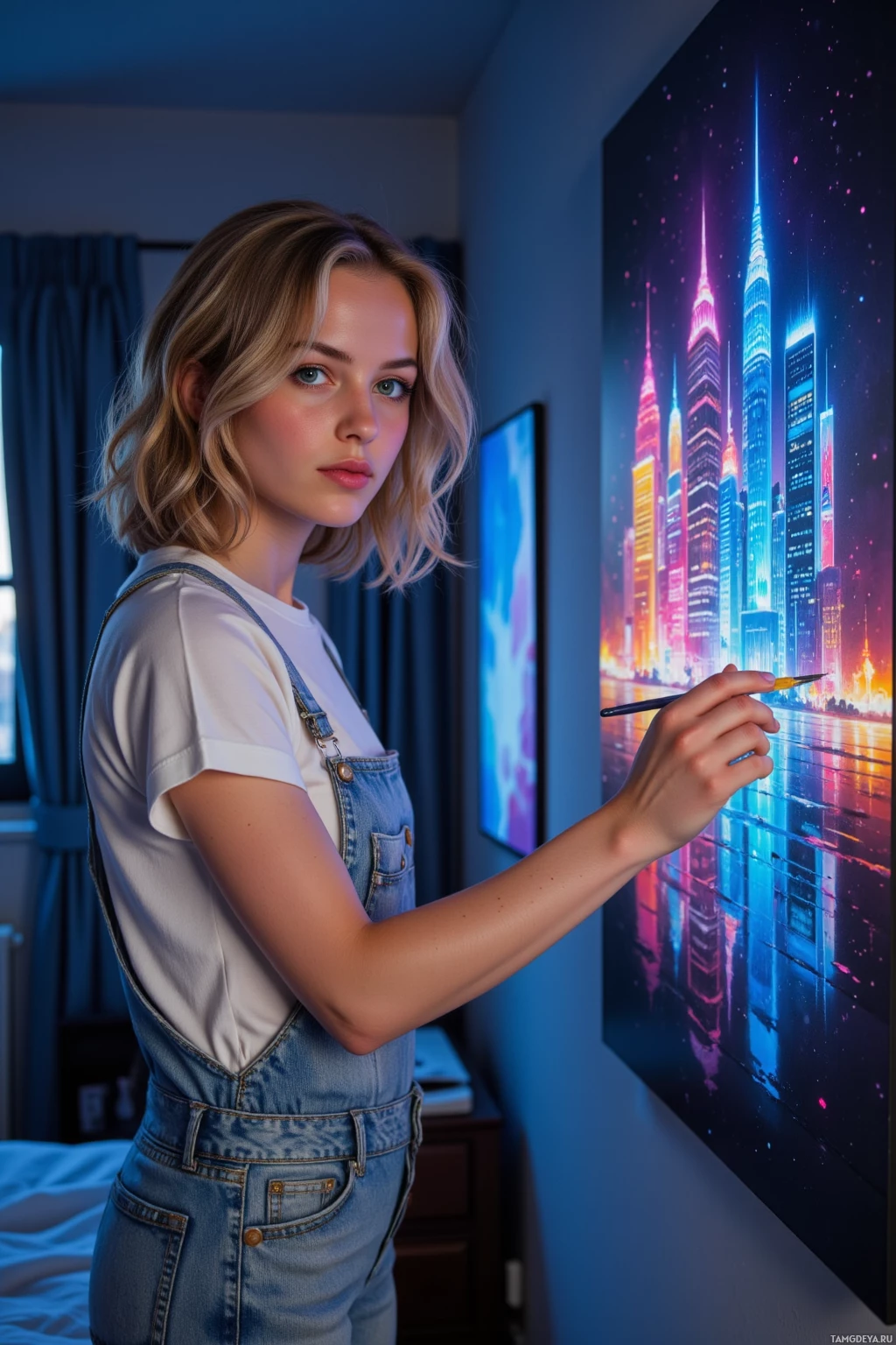 Realistic high quality photo. 26‑year‑old woman with curly blonde hair, blue eyes, wearing a white blouse and light denim overalls, stands in a dimly lit bedroom painting a neon‑colored city skyline mural on the wal, with rain‑saturated pavement and the faint hiss of a radiator in the background.