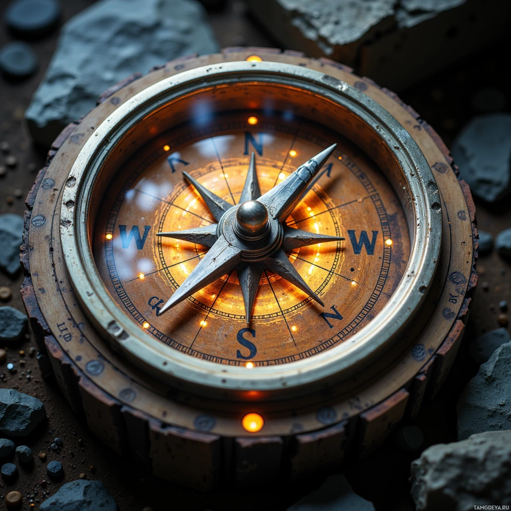 Semi-abstract image with many light, that is suitable for the post:  A moonlit birch heartwood compass with silver-edged brass rim, finely carved wood interior, intricate etched sigils glowing faintly, slender silver needle.