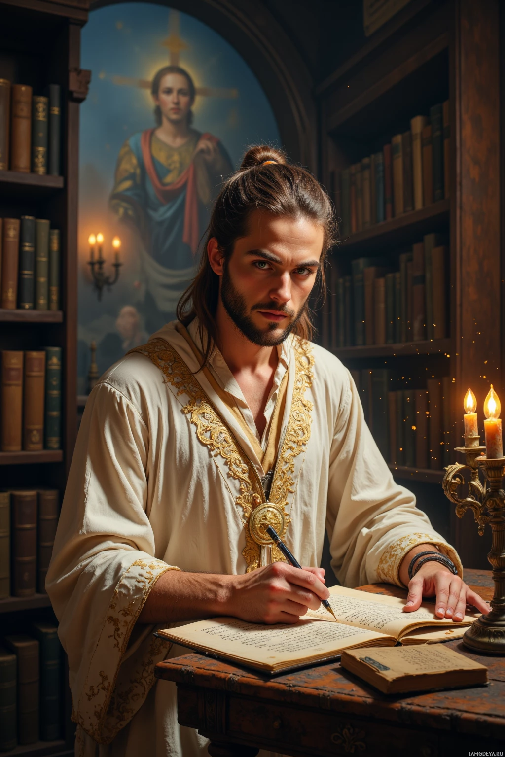 Realistic high quality photo. A 35‑year‑old archivist with long light brown hair tied back, green eyes, cream‑colored robes with pale gold embroidery, stands in a dim night‑time museum archive, dust motes swirling as he leans over a 12th‑century codex and writes a sly comment on a nearby plaque beside a fresco, surrounded by towering stacks of ancient books under flickering candlelight, his expression thoughtful and focused.