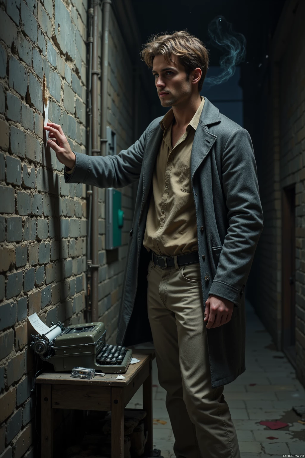 Realistic high quality photo. male, 31, with tousled light brown hair, green eyes, wearing a loose grey coat over layered beige shirts and pale jeans, standing in a dim nighttime alley with cracked brick walls and swirling mist, holding a scrap of paper to the wall, a cassette tape lies in a dusty corner beside the typewriter.