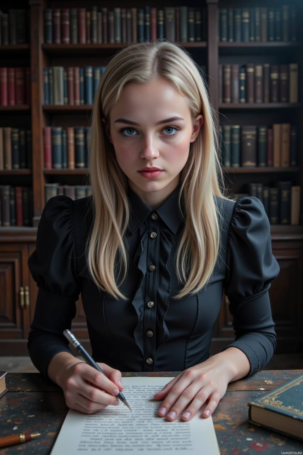 Realistic high quality photo. Female, 33, ash‑blonde straight hair, pale skin, indigo eyes, sharp angular features, wearing a dark gothic dress, sits at a dusty study desk inside an old library, pen in hand with ink dripping onto a blank page, twilight shadows enveloping the room.