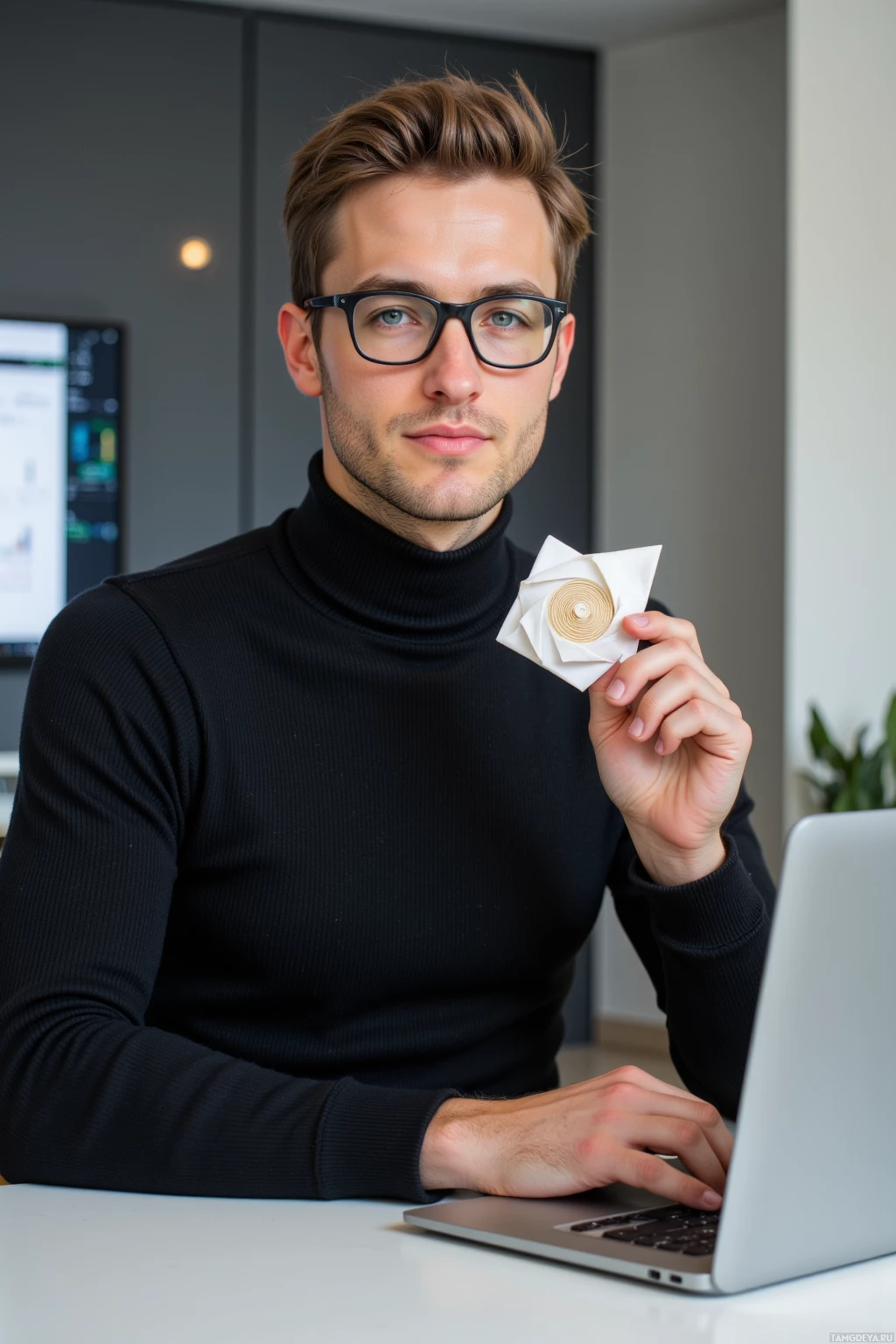 Realistic high quality photo. Male, 34, light brown hair, blue eyes, thin‑rimmed glasses, wearing a fitted black turtleneck sweater, seated at a modern office desk in an afternoon, holding a folded origami revealing a Fibonacci spiral, laptop screen displaying a spreadsheet with aligned lines, calm focused expression, minimalistic interior decor.