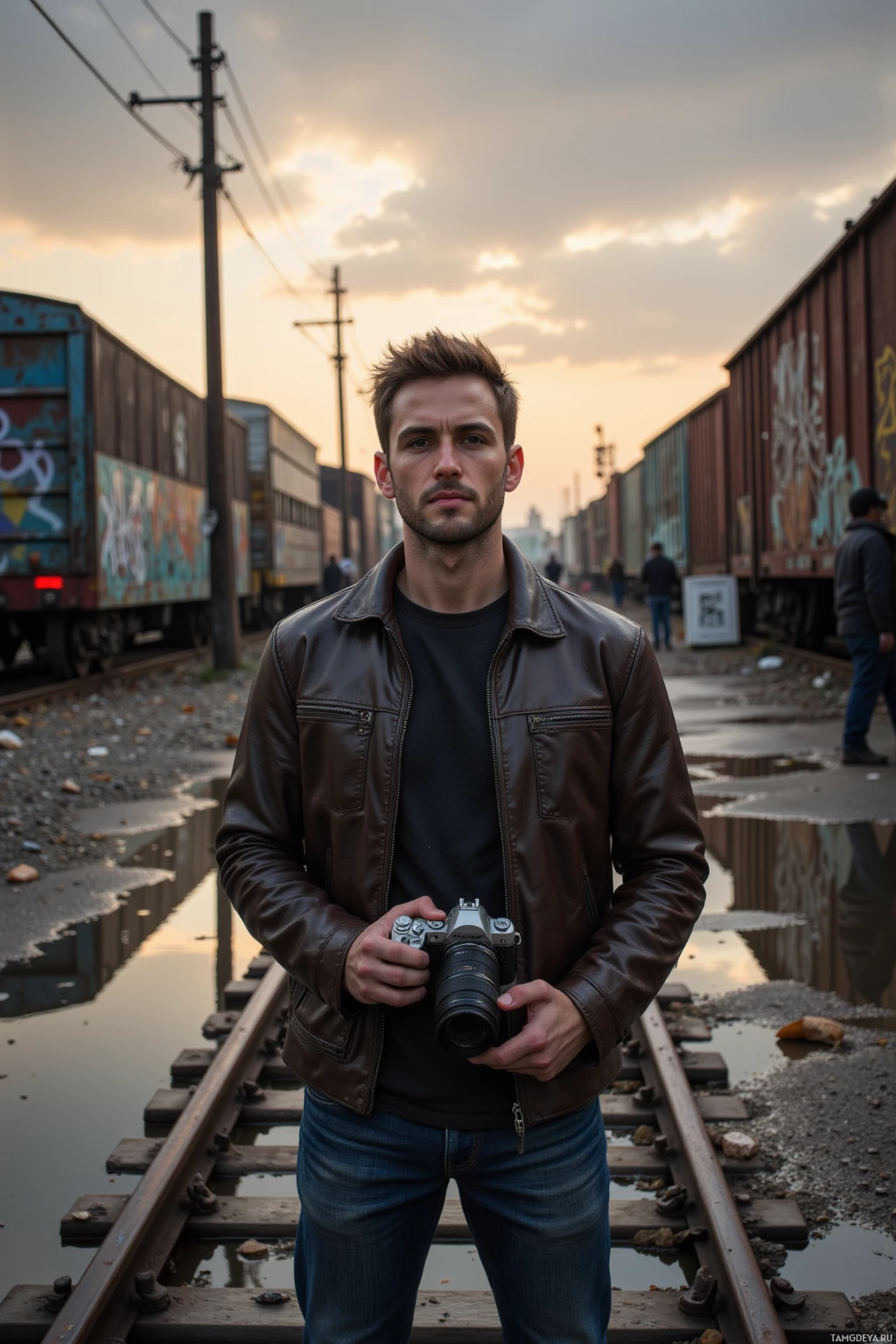 Realistic high quality photo. Male, 32, short light brown hair, brown eyes, wearing a worn leather jacket and faded jeans, standing in an abandoned freight yard after rain with rusted rails covered in graffiti, evening light reflecting on puddles, silhouettes of workers in the background, holding a camera and capturing raw shots.