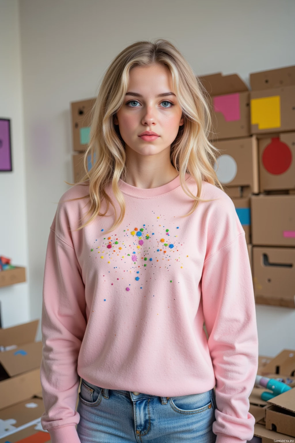Realistic high quality photo. Woman, 22, with curly blonde hair, blue eyes, wearing a pastel pink sweatshirt and denim jeans, standing in a studio with unfinished mosaic of recycled pizza boxes, a glue machine spattering rainbow glitter onto her, modern abstract wall in the background, midafternoon light illuminating the chaotic but creative scene.