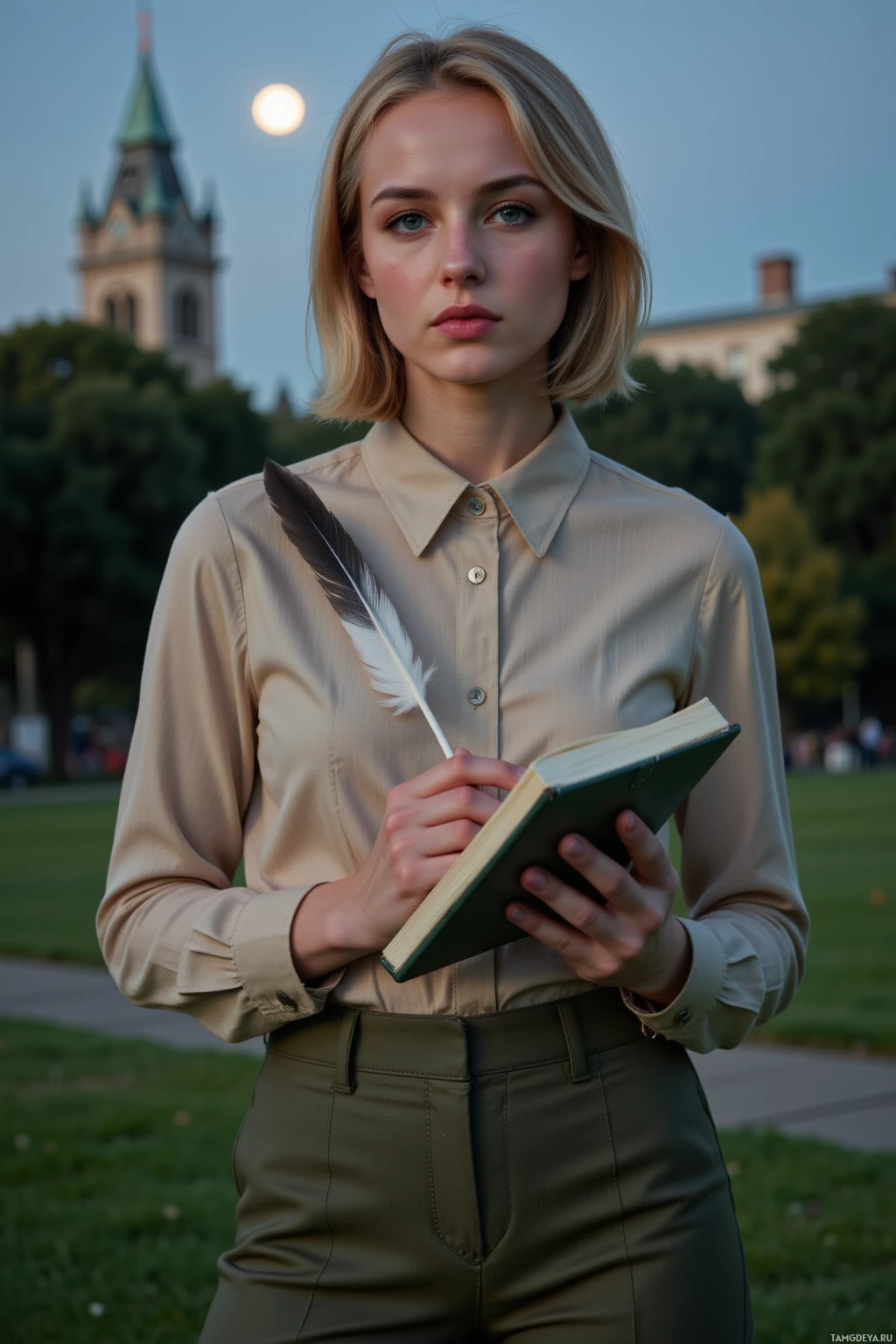 Realistic high quality photo. Woman with short golden hair, bright blue eyes, wearing a tailored beige blouse and olive‑green trousers, holding a notebook, standing on dew‑slick grass at the edge of Elm Park under a full moon, a small microchip visible in a feather, city council building in the distant background, the woman looking determined and focused.