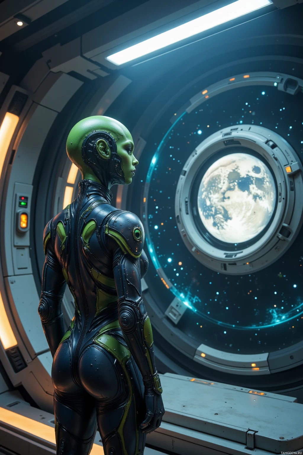 Realistic high quality photo. 120‑year‑old green‑skinned alien war‑hardened news anchor, short buzzed hair, piercing green eyes, two antennae, wearing sleek metallic armor with shimmering accents, stands in the back of a futuristic observation deck, staring at a flickering hologram of Earth against a star‑filled void, night sky in the background, silent and resolute.