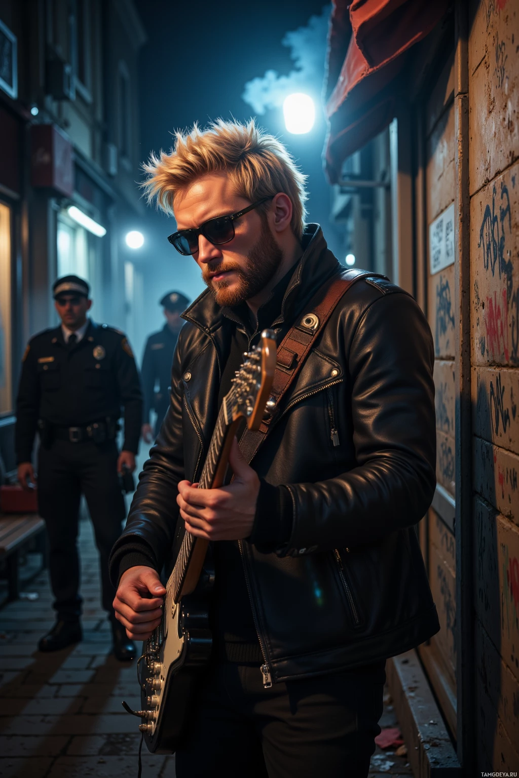 Realistic high quality photo. Male, 28, blond messy hair, stylish beard, blue eyes, fair skin, sharp jawline, wearing a black leather jacket, aviator sunglasses, casual edgy clothes, standing in a dark back alley at midnight, playing an electric guitar with intense focus, smoke swirling around, streetlights flicker, police in late‑night uniforms approaching, a discarded kazoo left on a bench, wall with expressive scribbles, atmosphere of rebellious rock energy.