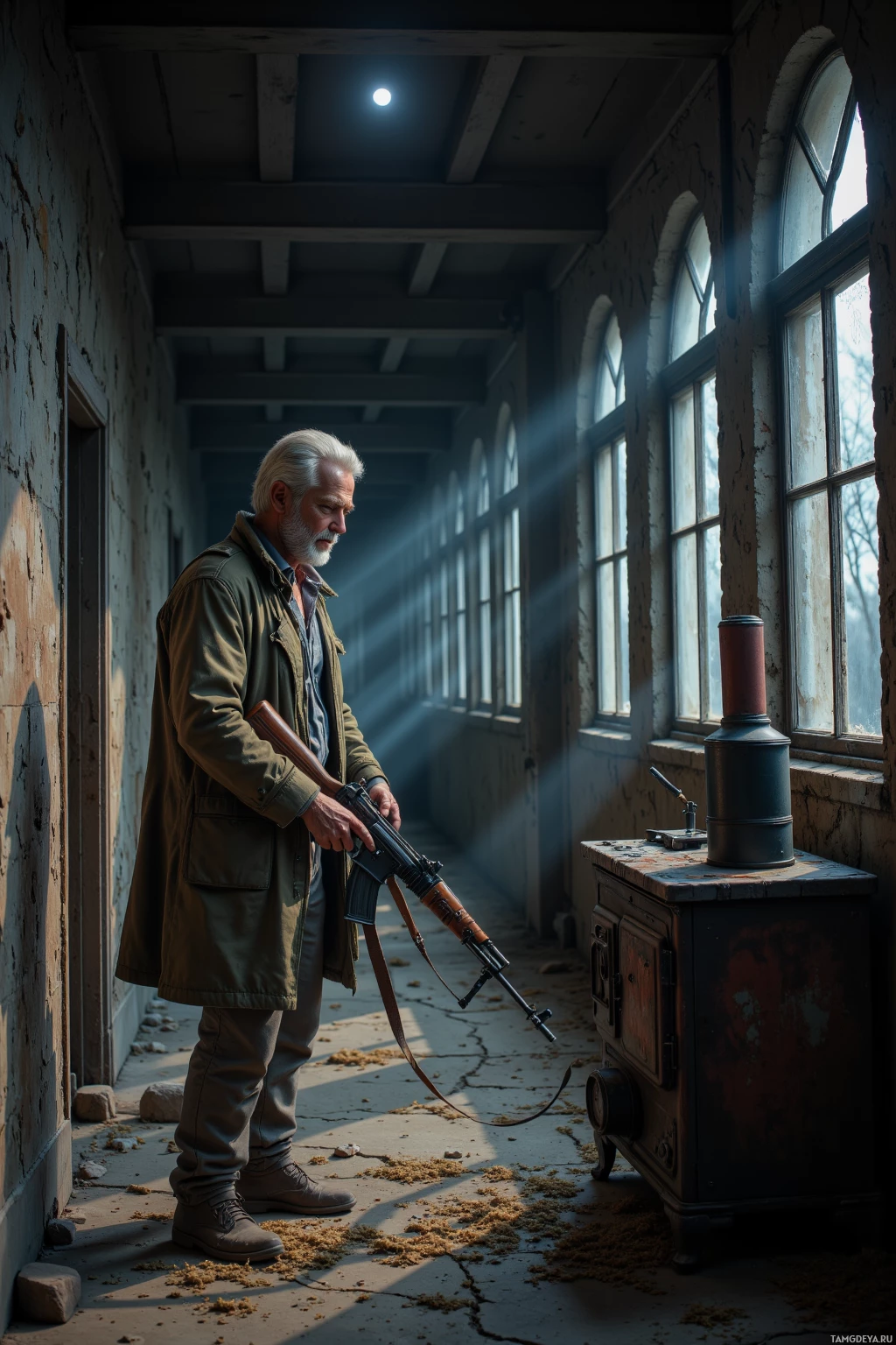 Realistic high quality photo. Post-apocalyptic night corridor with five broken windows, a 48‑year‑old white‑haired man in a dusty olive coat with reinforced shoulders, grey shirt, utility pants and a bandaged arm, wrapping a rifle in burlap beside a rusted stove,  half‑moon casting long shadows across the cracked floor.