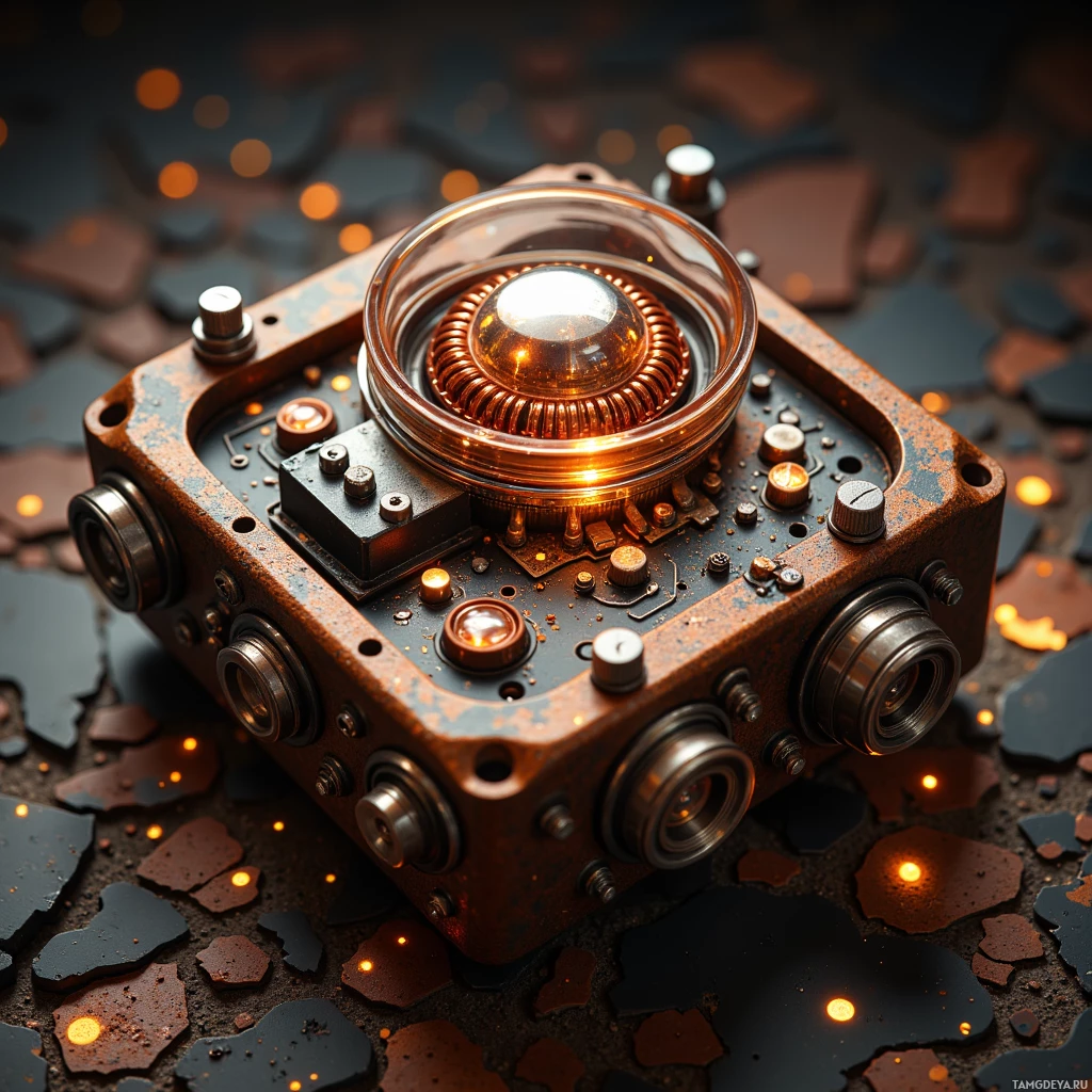 Semi-abstract image with many light, that is suitable for the post:  Compact wrist‑mounted synthesizer with a rusted steel frame, glimmering copper coil patterns, exposed circuitry and a water condensation reservoir, in warm rust and copper hues.