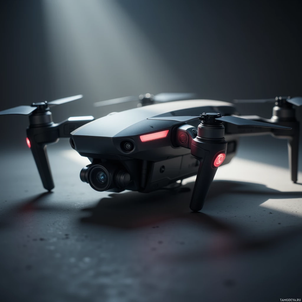Semi-abstract image with many light, that is suitable for the post:  Matte‑black titanium drone, 4 inches tall, sleek with a small 4K camera lens, subtle sensor housings, a folding mechanism that collapses into a compact pocket‑sized case, glossy matte finish, minimalist industrial design.