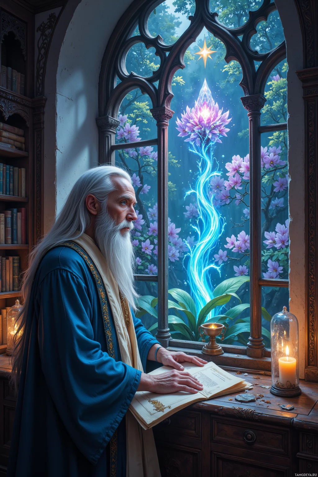 Realistic high quality photo. Elderly male mentor with long silver hair and beard, bright blue eyes, pale glowing skin, wearing simple elegant robes embroidered with subtle dragon motifs, standing by a study window bathed in flickering starlight, ancient scrolls trembling at his feet, apprentices leaning in, a crystal orchid garden glowing softly through the window in a fantasy dusk.