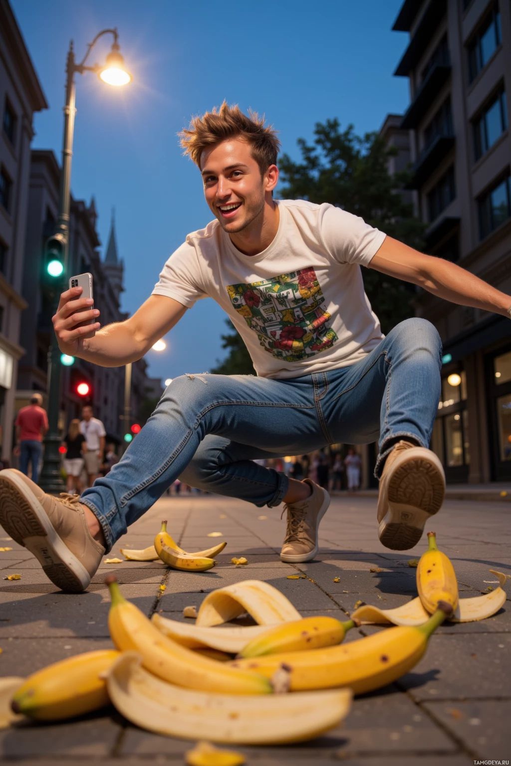 Realistic high quality photo. A young man, 25, with messy short light brown hair, bright blue eyes, playful smile, wearing a graphic t‑shirt and fitted jeans, mid‑slip on a banana peel on a city sidewalk at dusk, a flickering traffic light overhead, holding a smartphone to film the prank in a lively modern realism scene.