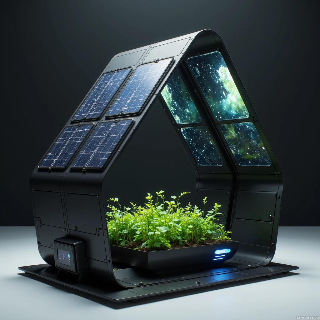 Semi-abstract image with many light, that is suitable for the post:  Sleek matte black ultra‑compact modular shelter kit with origami‑style folding panels, glinting solar‑panel lattice, integrated translucent algae‑filter panel, a miniature hydroponic tray with herbs, and a subtle embedded AI control panel, all rendered in high detail.
