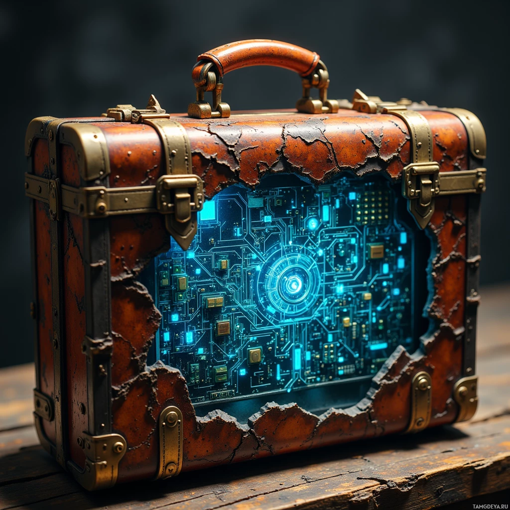 Semi-abstract image with many light, that is suitable for the post:  pocket-sized battered suitcase with weathered brown leather, cracked edges and brass hinges, a translucent panel revealing an intricate lattice of glowing blue micro‑actuators and sensors inside.