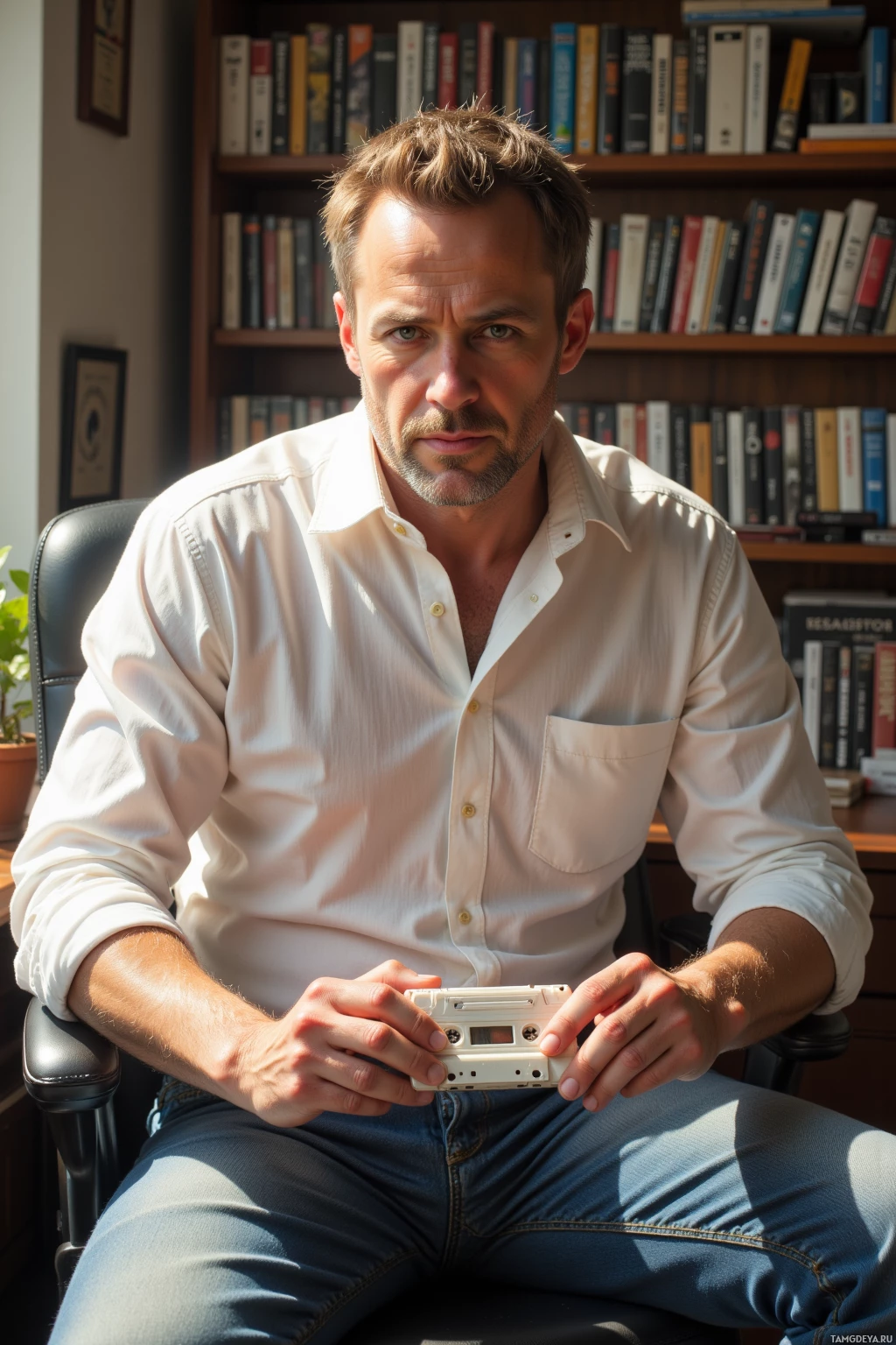 Realistic high quality photo. A middle-aged man with short light brown hair, slight thinning, blue eyes, wearing a crisp white button‑down shirt and faded jeans, meticulously pulling a weather‑stained cassette tape from its case at an afternoon‑lit desk surrounded by shelves of cassettes.