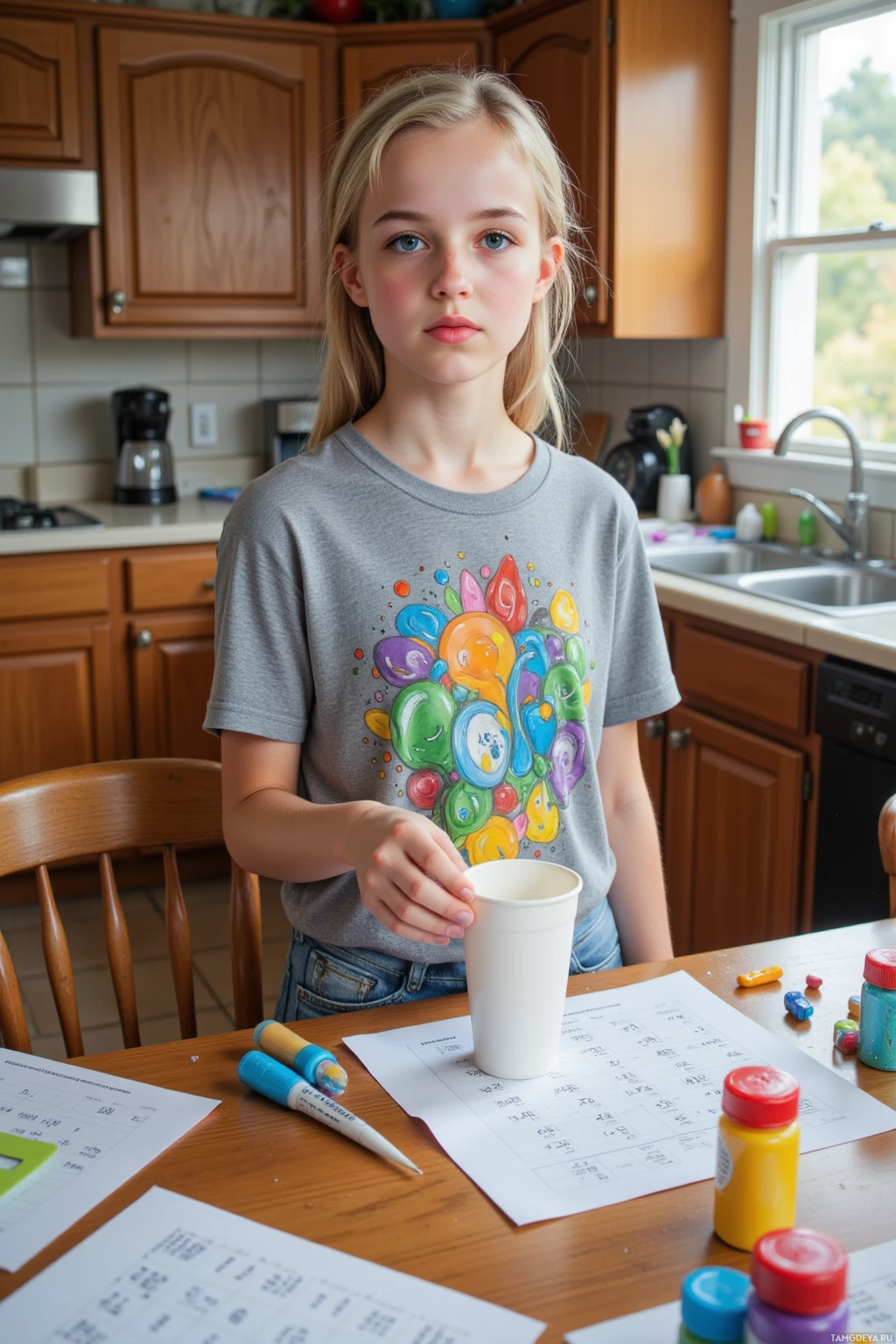 Realistic high quality photo. Female, 16, blonde braids, bright blue eyes, wearing a colorful graphic t‑shirt, light blue jeans, black socks, standing at a cluttered kitchen table negotiating a ceasefire with a sippy cup, surrounded by algebra worksheets, glitter glue jars, morning light.