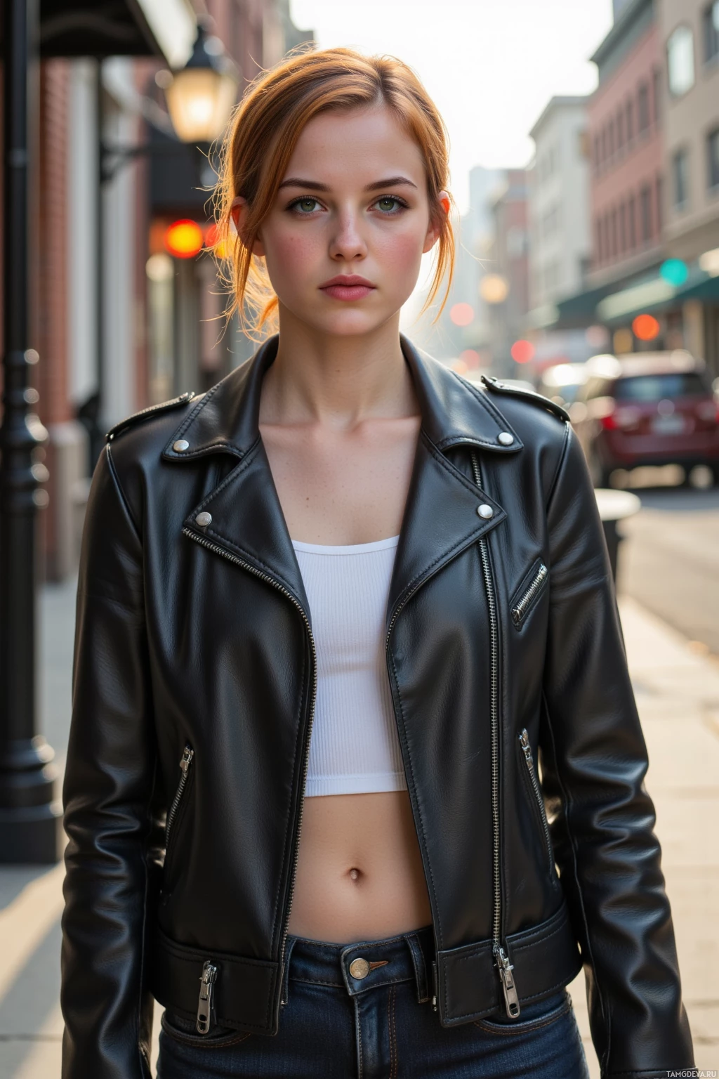 Realistic high quality photo. Female activist with short fiery red hair, green eyes, warm golden brown skin, wearing a fitted black leather jacket with silver studs over a white tank top, dark jeans, rugged combat boots, standing on a city street in early morning light, her stance firm and expression determined.