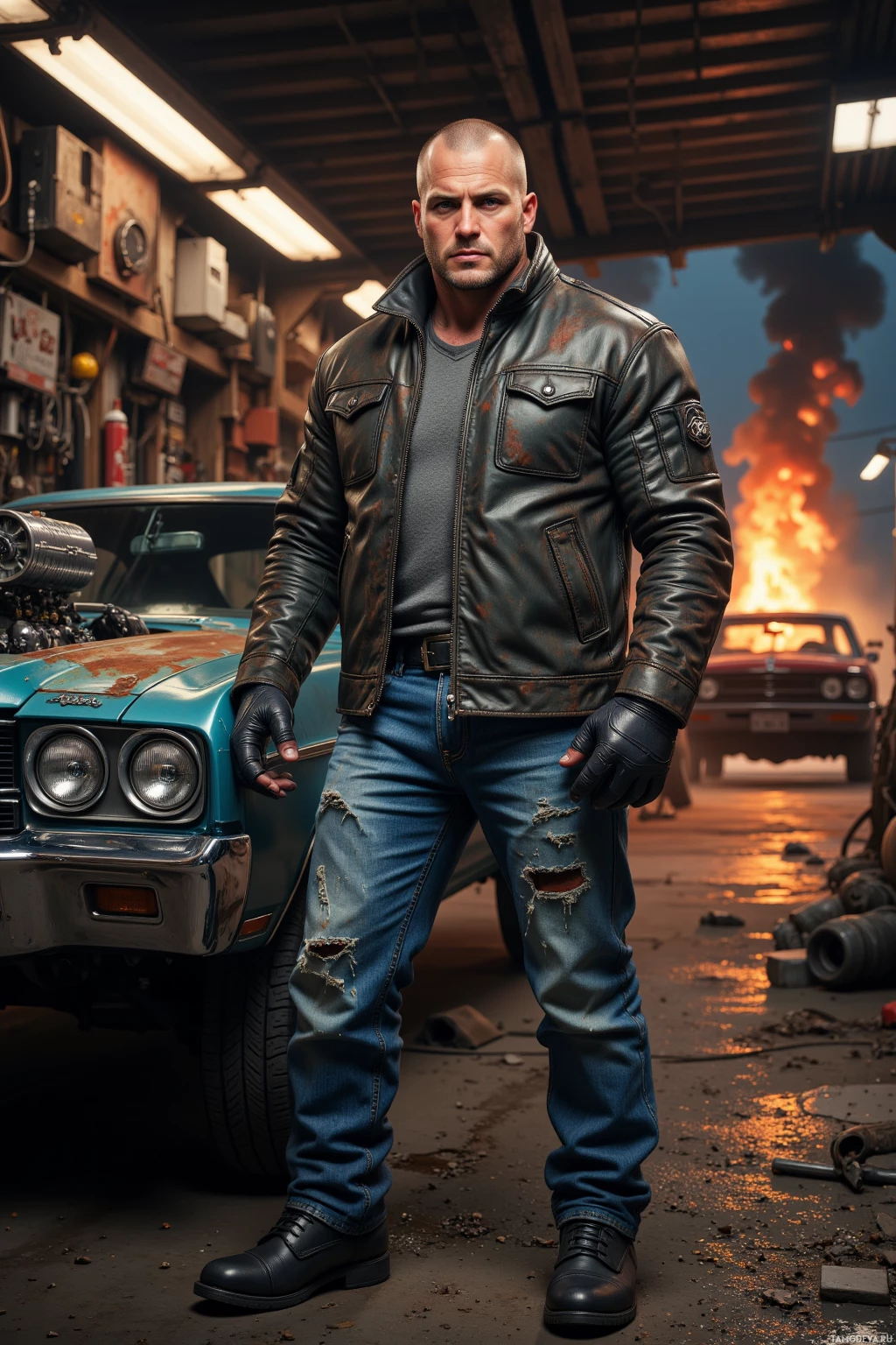 Realistic high quality photo. 35‑year‑old rugged muscular man with shaved head, bright blue eyes, wearing a worn‑out biker jacket, black leather gloves, heavy‑duty jeans, scuffed boots, standing in a cluttered garage beside a roaring V8 engine, grease‑smudged hands, crew laughing, a muscle car revving on a dark street at dusk, atmosphere of speed and adrenaline.