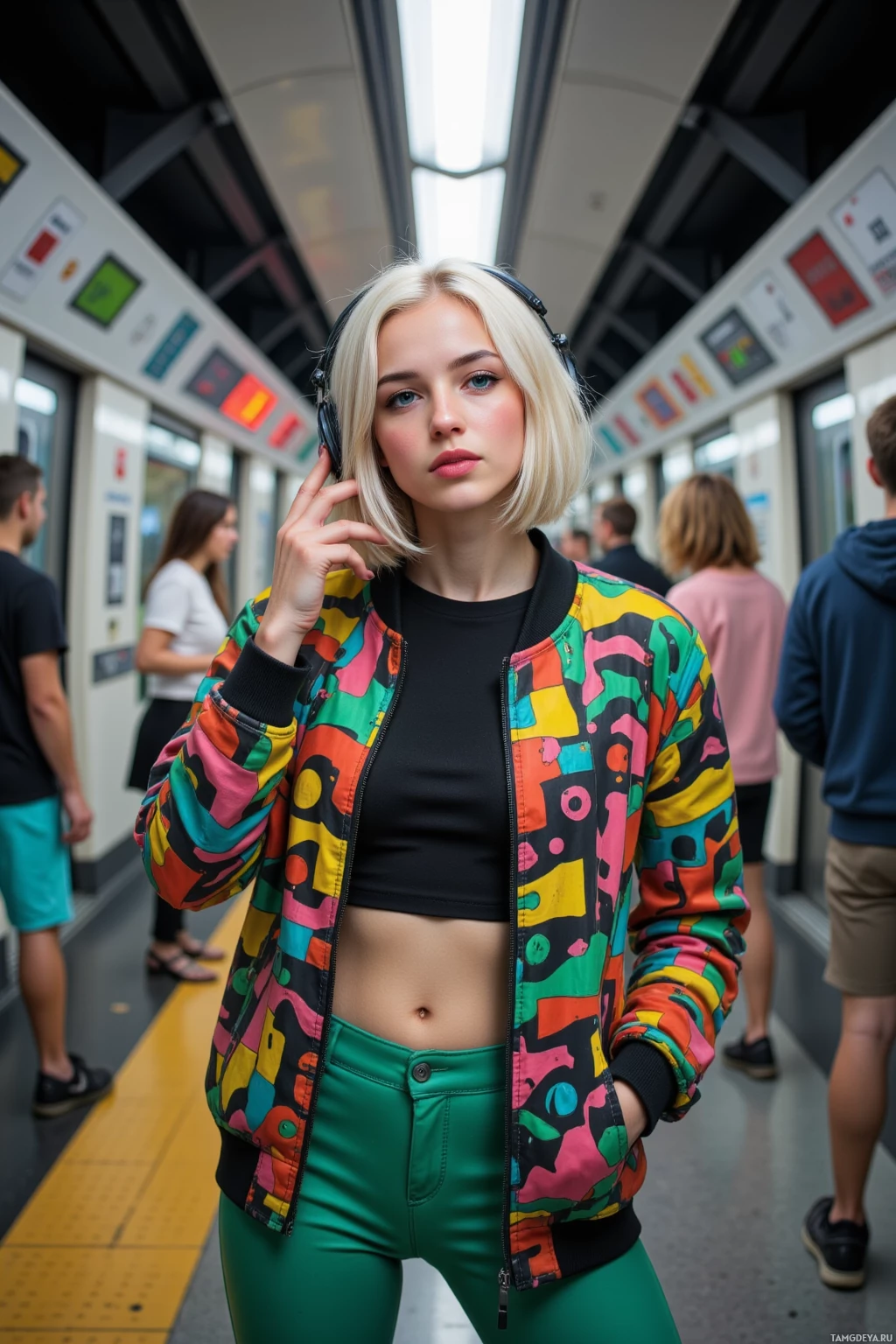 Realistic high quality photo. Female, 23, platinum blonde bob cut, bright blue eyes, pale skin, wearing a vivid patterned jacket and cropped pants with headphones, dancing as a backup drummer on a subway platform, with glowing traffic lights in the background, midday.