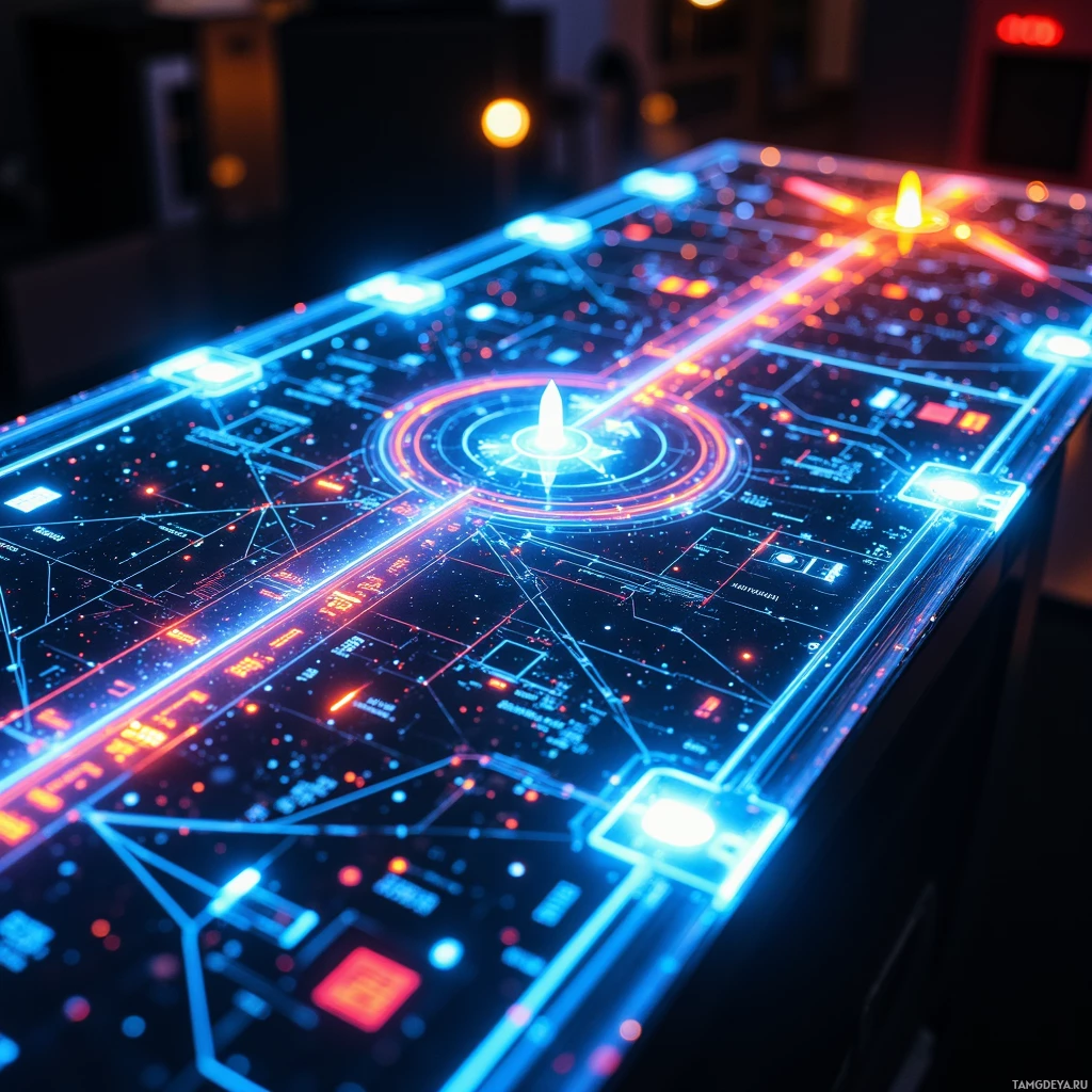 Semi-abstract image with many light, that is suitable for the post:  Sleek transparent glass tabletop with a built‑in holographic timeline of neon‑colored episode arcs, color‑coded snack sections, illuminated laser pointers, and subtle futuristic LED accents.
