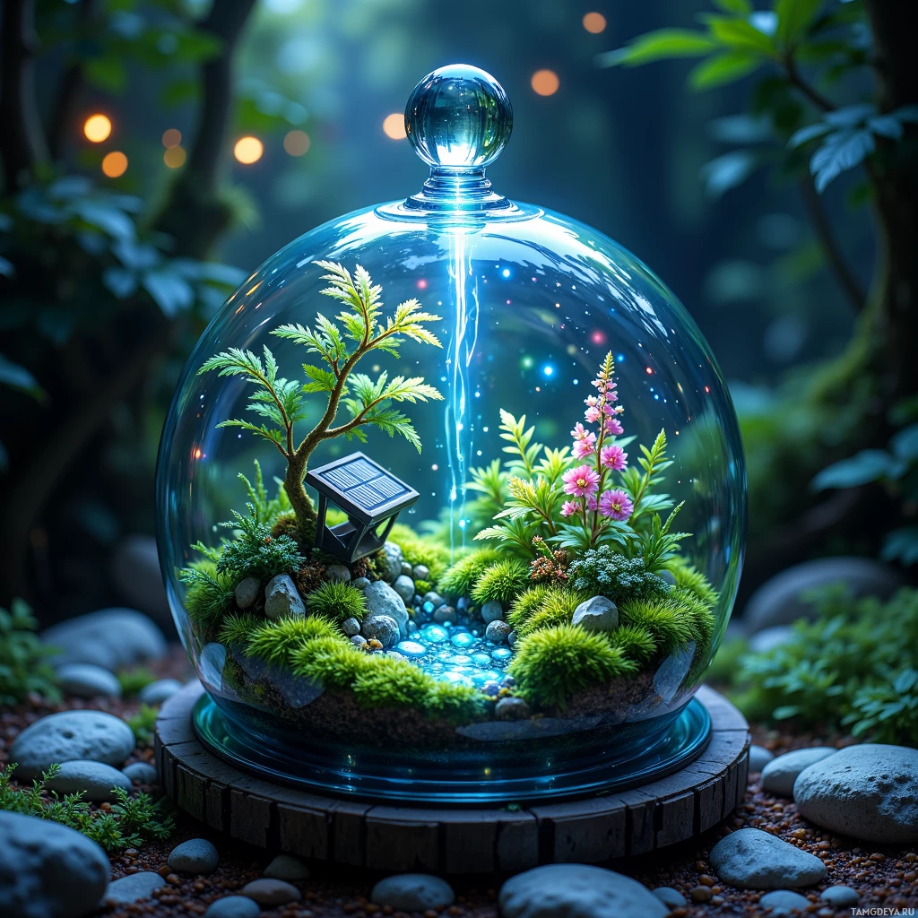 Semi-abstract image with many light, that is suitable for the post:  Tiny self‑watering terrarium featuring a crystal glass dome, a lush moss bed, delicate ferns, bioluminescent algae glowing softly with shifting colors, a whisper‑quiet fan, small solar panels, and an embedded humidity sensor.
