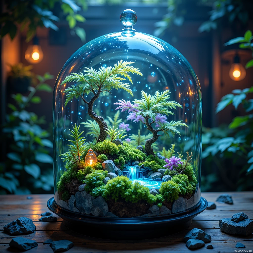 Semi-abstract image with many light, that is suitable for the post:  Tiny self‑watering terrarium featuring a crystal glass dome, a lush moss bed, delicate ferns, bioluminescent algae glowing softly with shifting colors, a whisper‑quiet fan, small solar panels, and an embedded humidity sensor.
