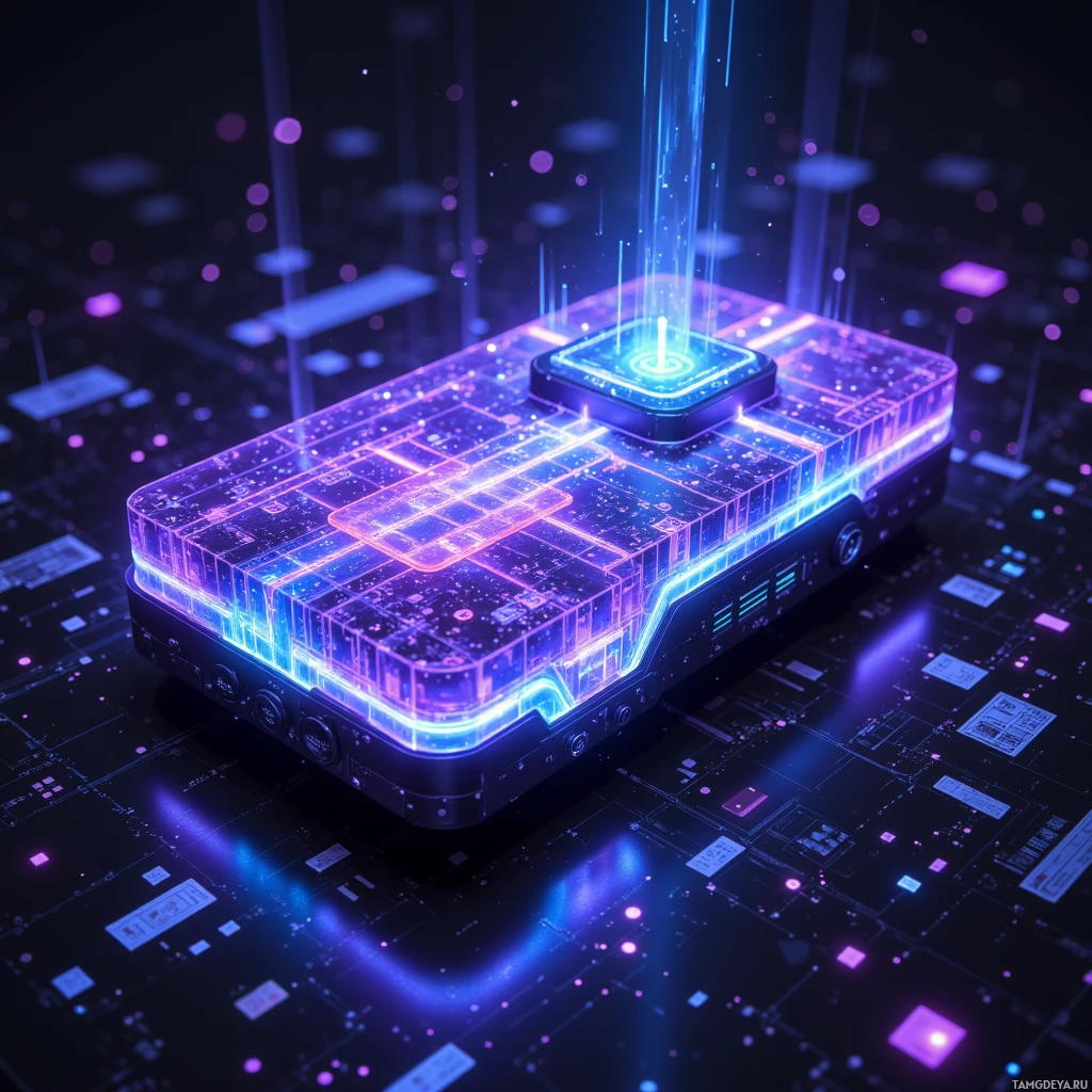 Semi-abstract image with many light, that is suitable for the post:  pocket‑sized lattice synthesizer with a translucent cobalt hull glowing softly violet, intricate microfluidic channels of liquid silver weaving across its surface, adaptive alloy edges subtly shifting, minimalistic sleek silhouette with integrated holo‑interface panels projecting 3‑D data.